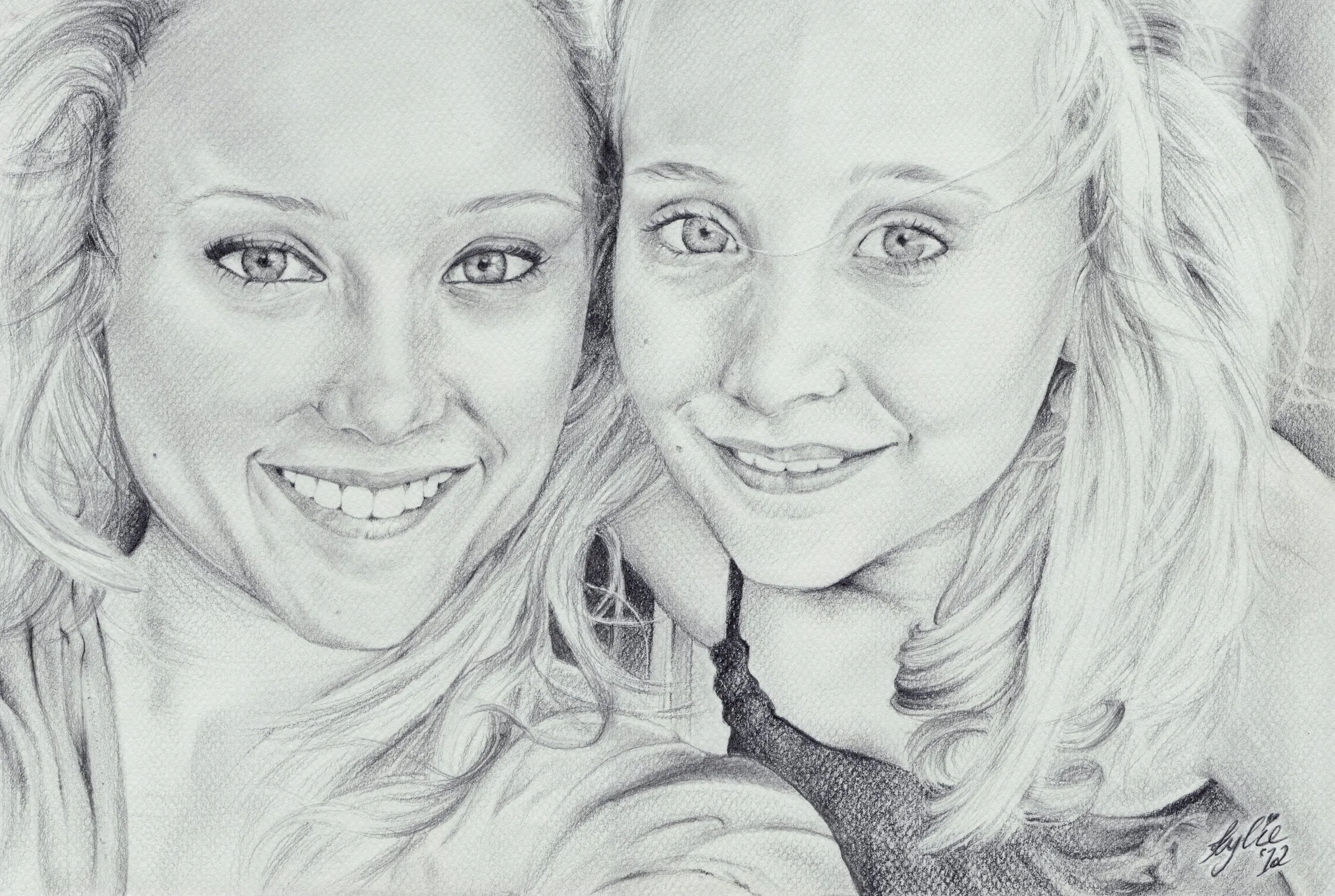 A pencil sketch of two smiling young women with long textured hair, close together, facing the camera.