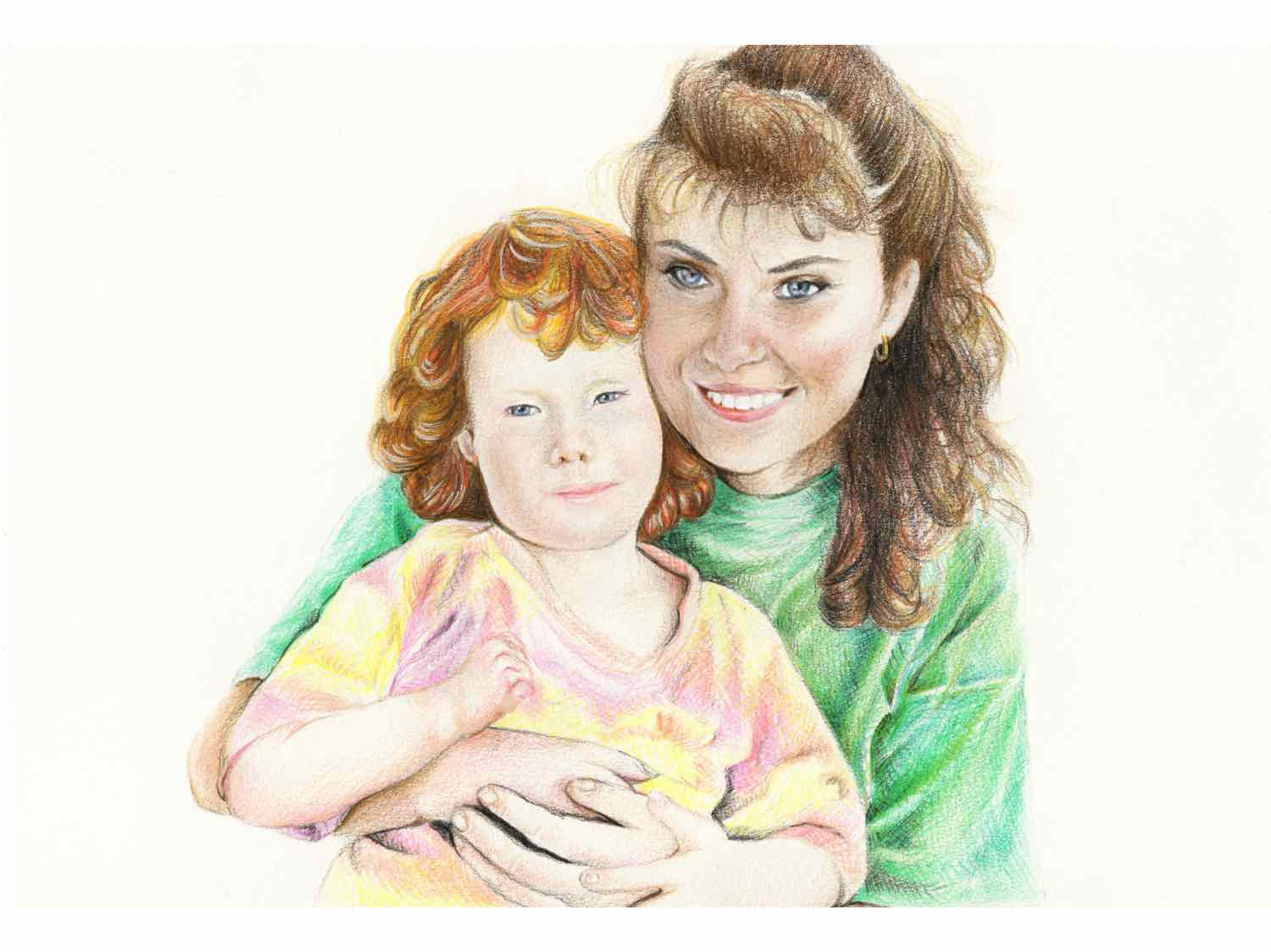 A woman with brown curly hair and a green top holding a young girl with red hair in a yellow and pink top, both smiling softly, in a pastel drawing style.