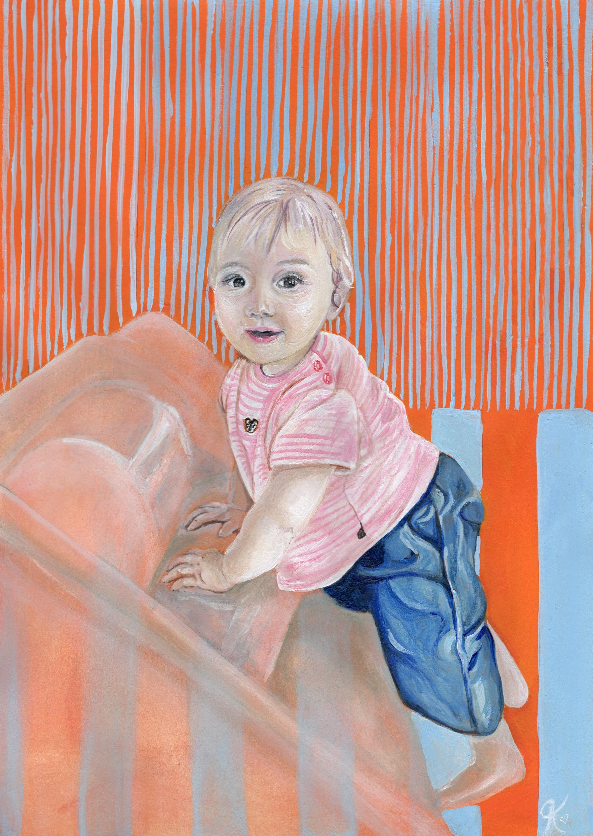 Painting of a young child with blonde hair, wearing a pink striped shirt and blue jeans, kneeling on a wooden floor with an orange and blue striped background.