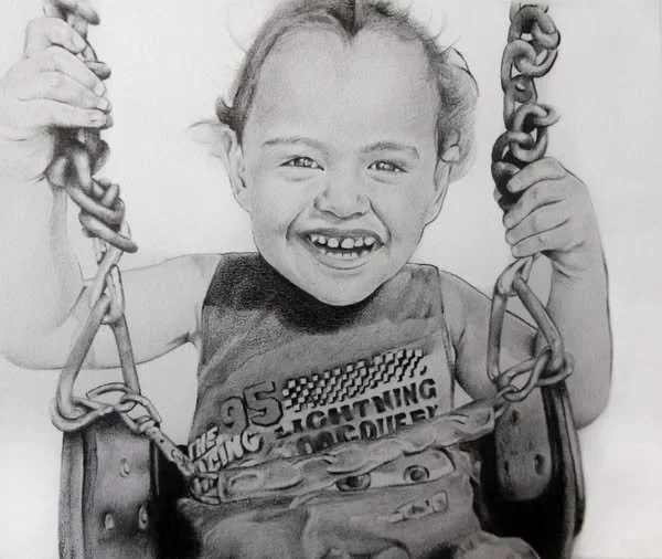 Drawing of a smiling young girl sitting on a swing, holding the swing's chains with both hands.