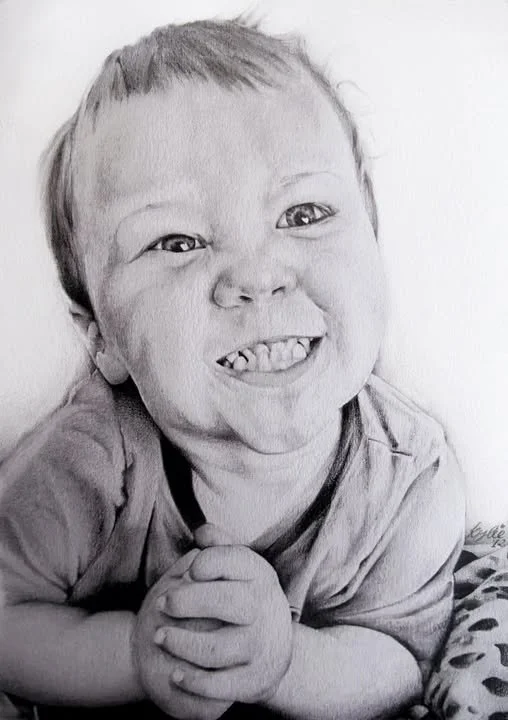 Black and white drawing of a smiling young boy with hands clasped together