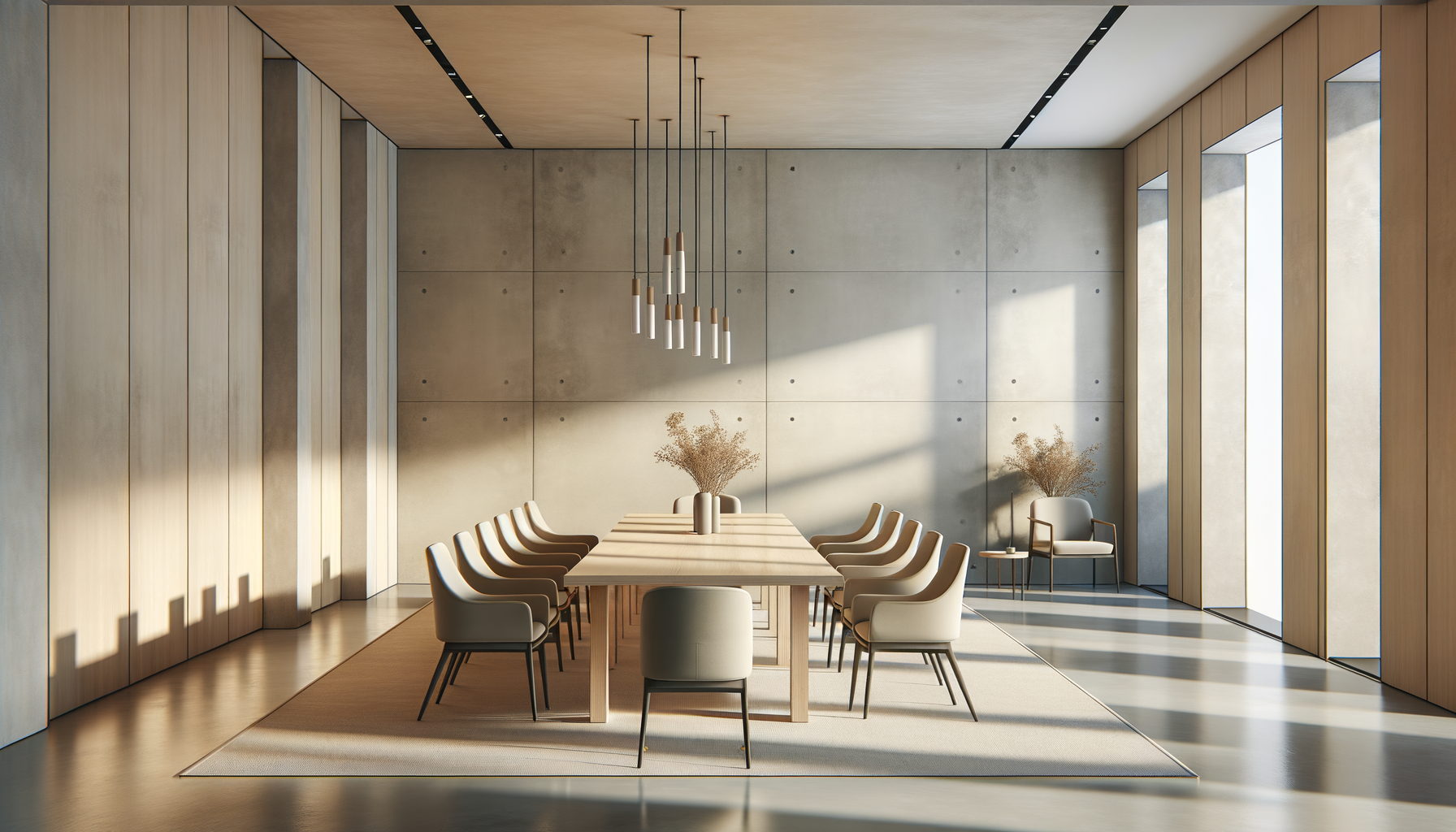 A modern, minimalist dining room with a large wooden table, 12 chairs, a beige armchair, and a small side table with a cup, set against a concrete wall with large windows and sunlight streaming in.