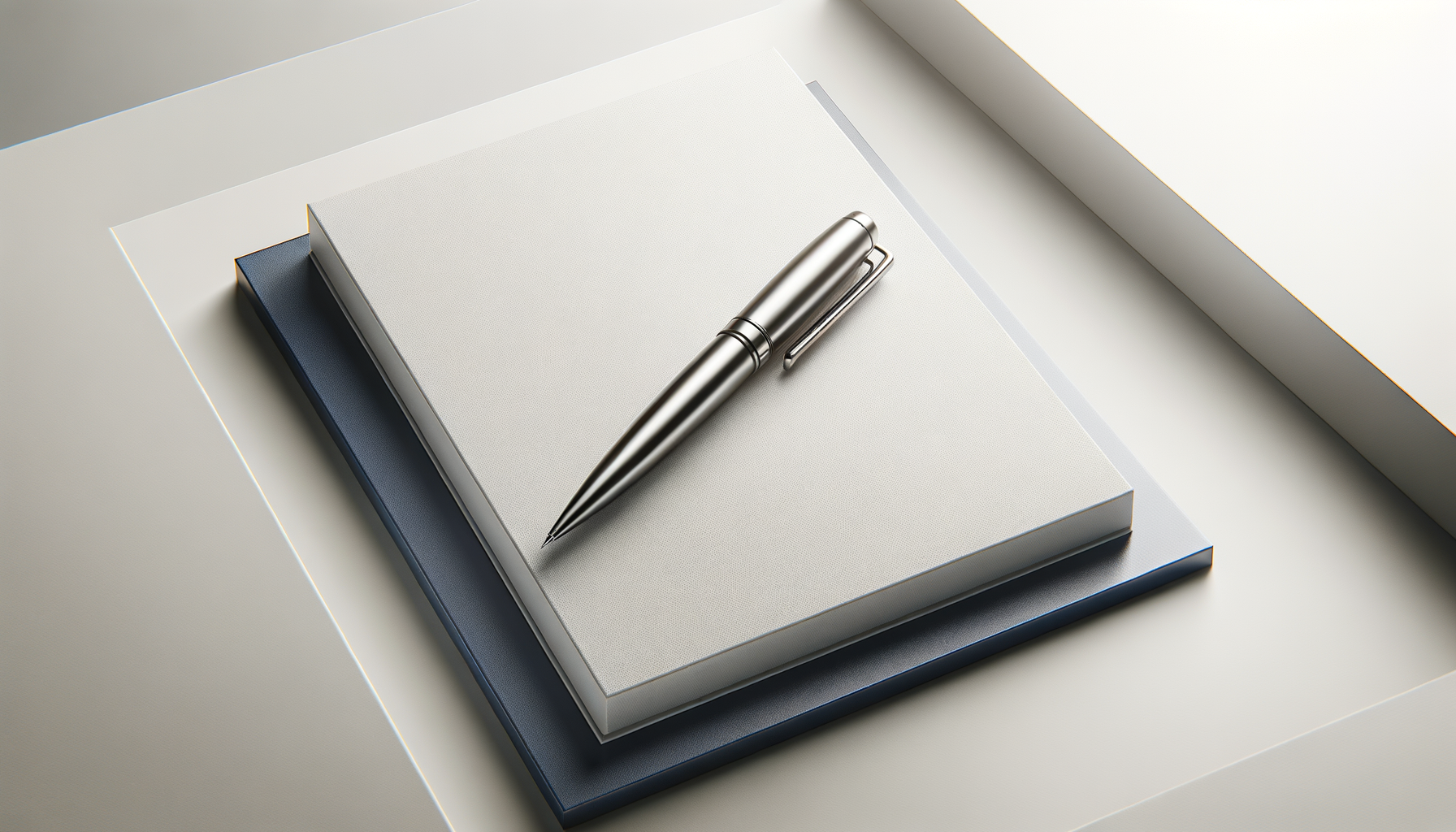 Stack of two notebooks with a silver pen on top, all placed on a white surface.