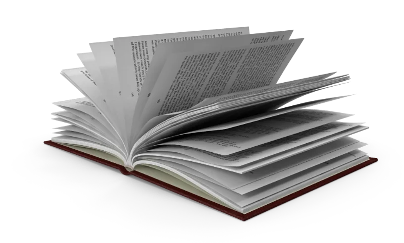 Open book with pages fanned out and text visible, on a black background.