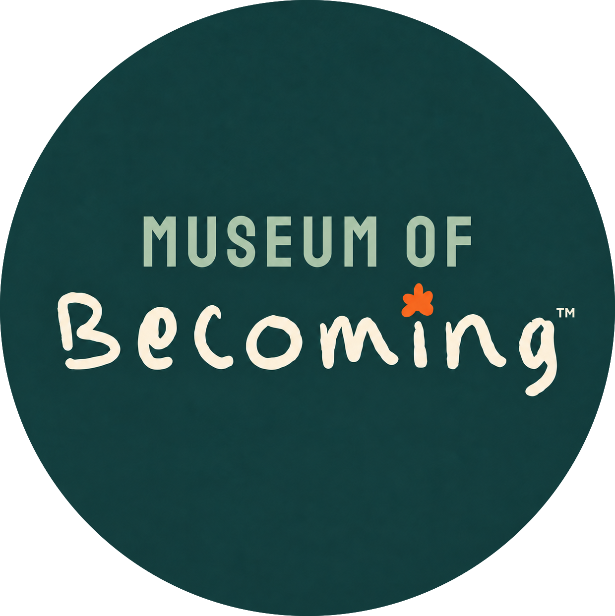 Logo for Museum of Becoming with stylized text and an orange flower above the letter 'i'.
