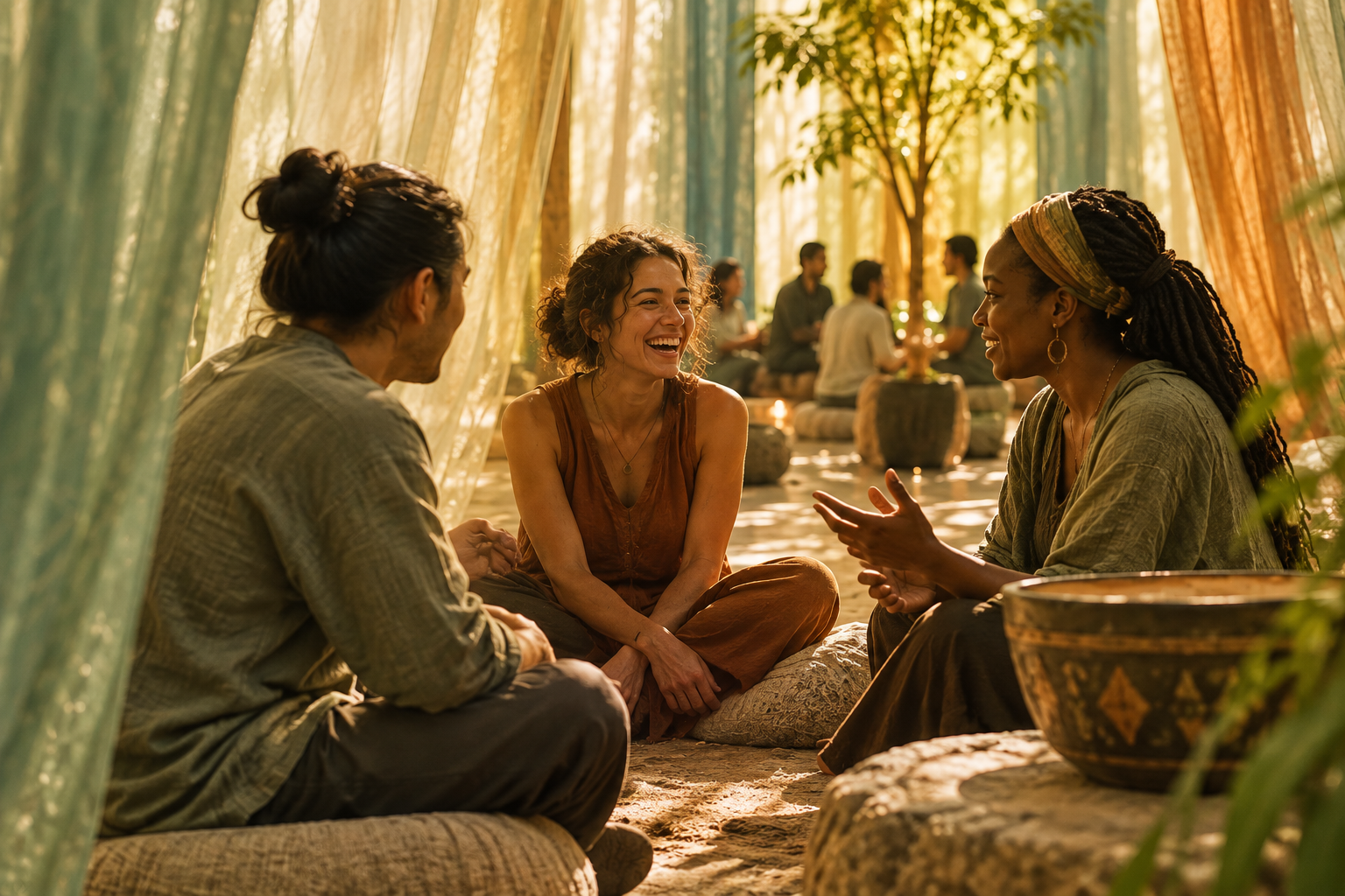 Three people sitting on the ground, engaged in conversation, smiling and laughing, surrounded by draped fabric and candles, with other groups in the background.