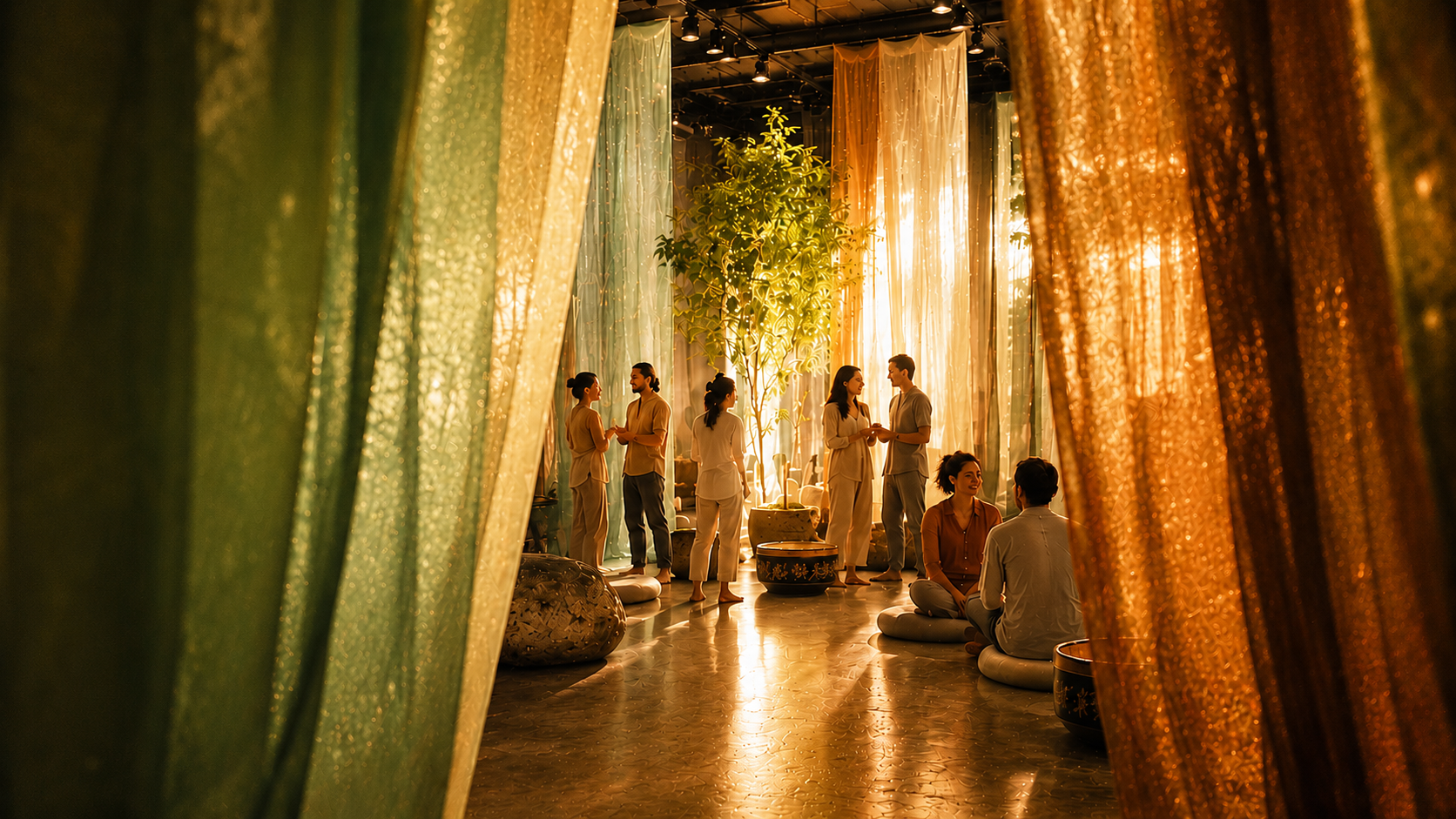 People gathered in a warmly lit space with colorful curtains, some standing and talking, others sitting on cushions, in front of a large potted tree.
