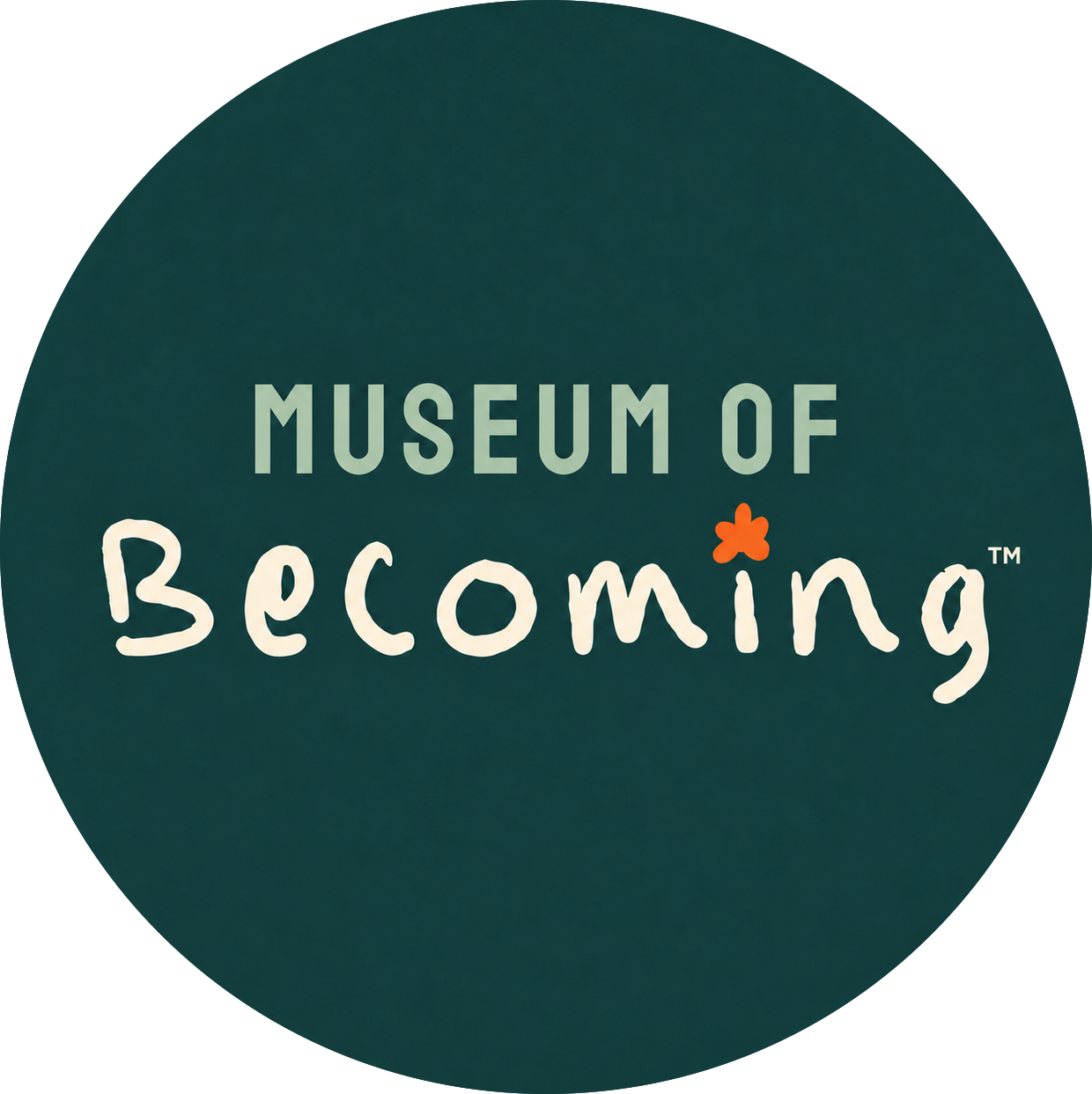 Logo of the Museum of Becom-ing with stylized text and a small orange flower above the