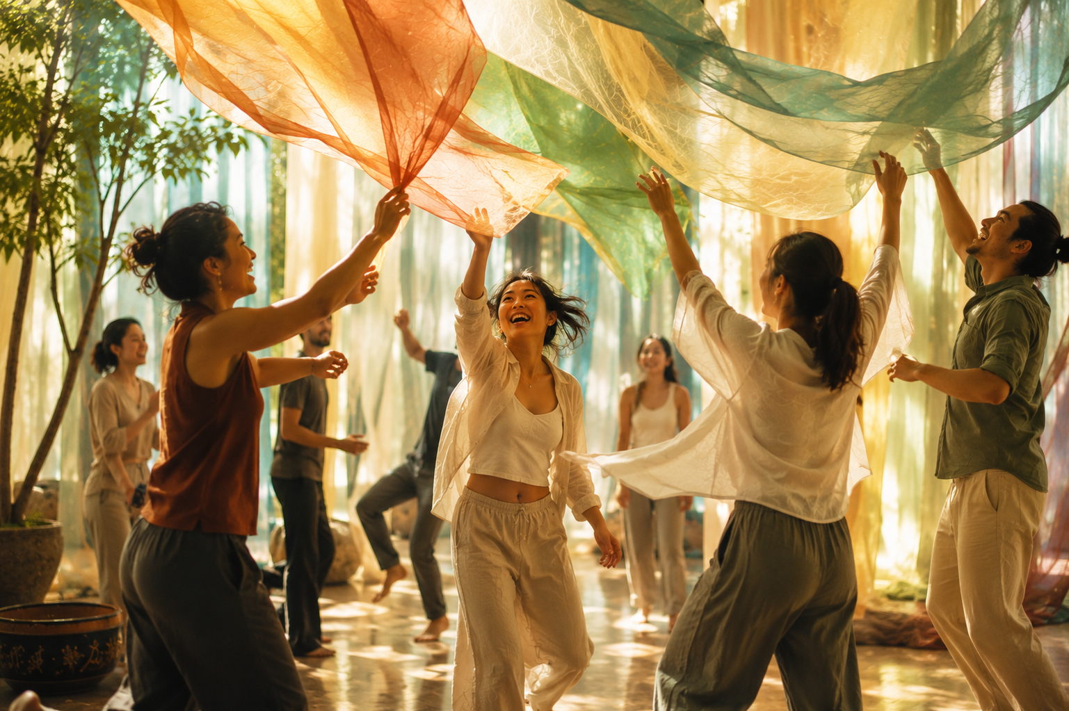 A group of people joyfully dancing and playing with colorful fabric in a sunlit indoor space with trees.