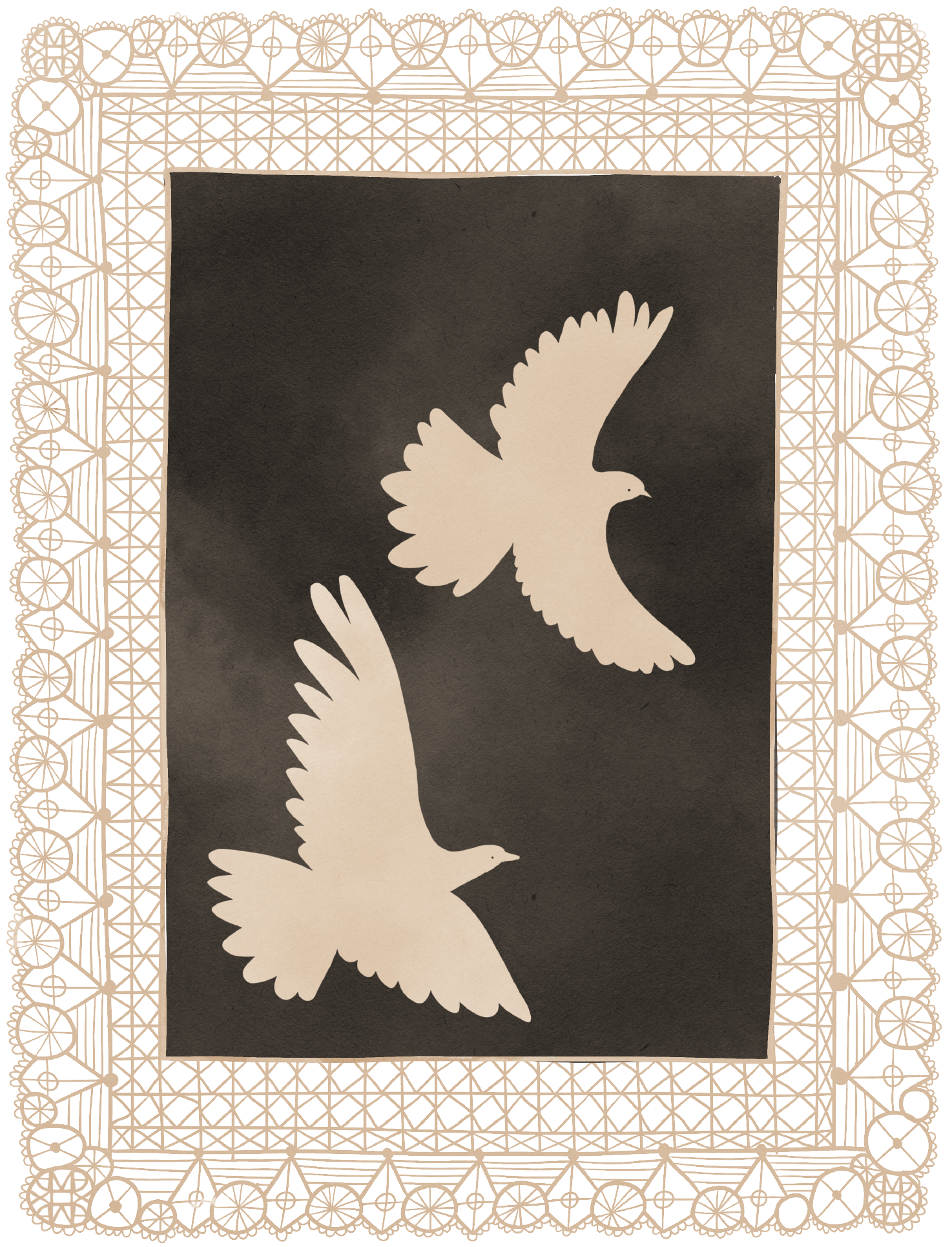 Silhouette of three white doves flying against a dark background, surrounded by an intricate ornate beige border.
