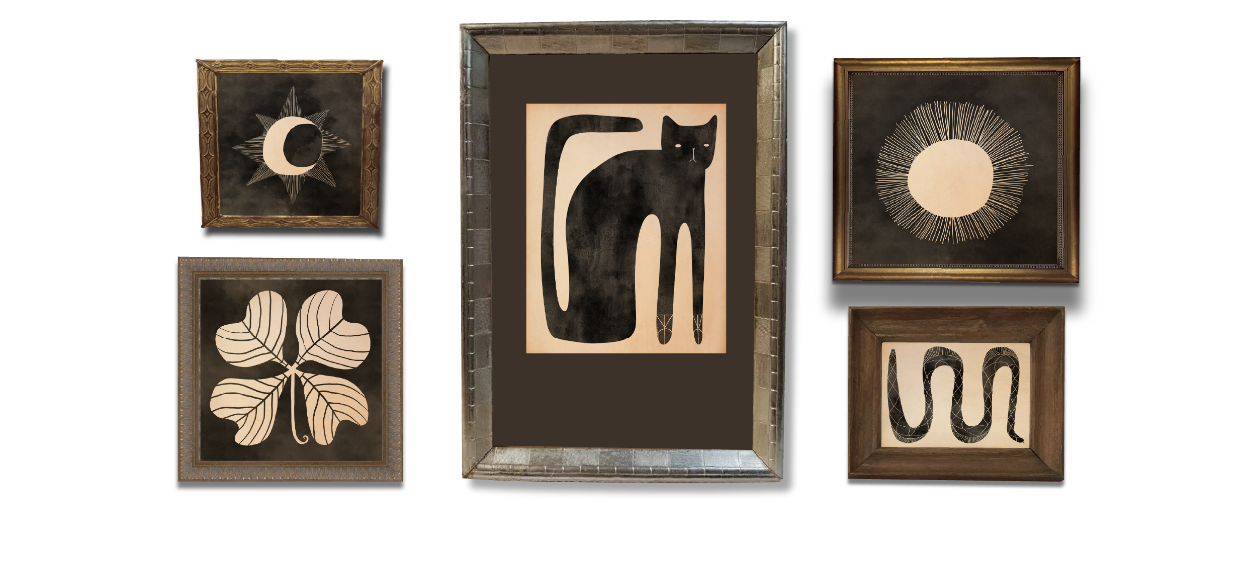 Set of five framed black and white art prints featuring abstract and botanical designs, arranged on a black background.