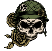 A skull wearing a military helmet with a peace sign and military decorations, decorated with roses.