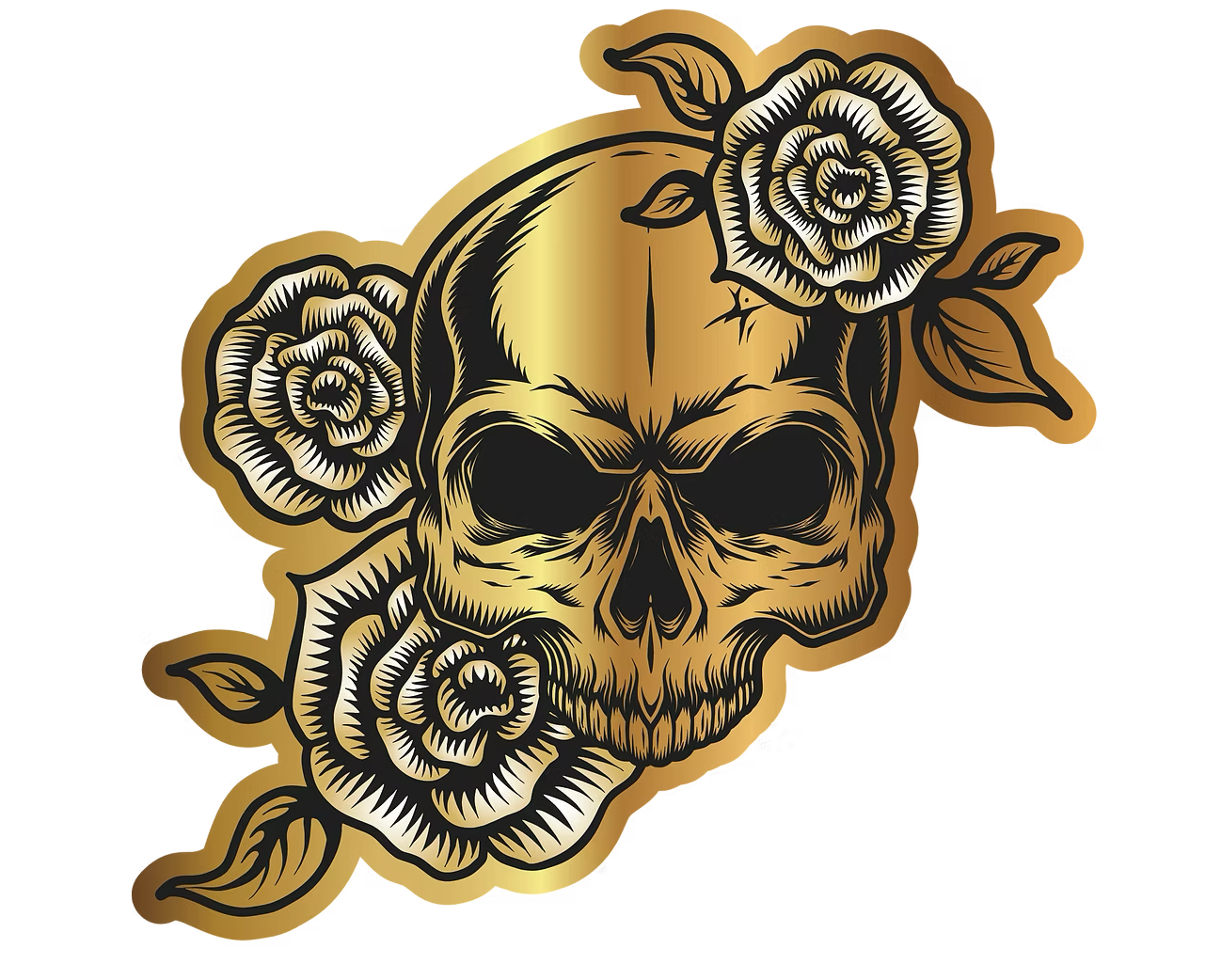 A gold skull with black shading surrounded by black and gold roses and leaves.