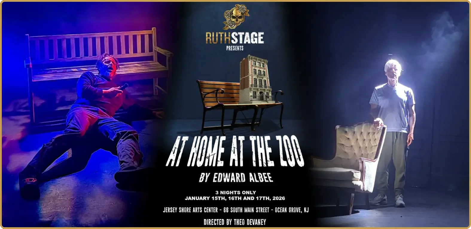 Promotional poster for the play 'At Home at the Zoo' by Edward Albee, presented by Ruth Stage. It features two actors on stage: one lying on the floor with a bench behind, and the other standing next to a vintage couch. The backdrop displays a bench, a building model, and the play's title with details of dates, location, and director.
