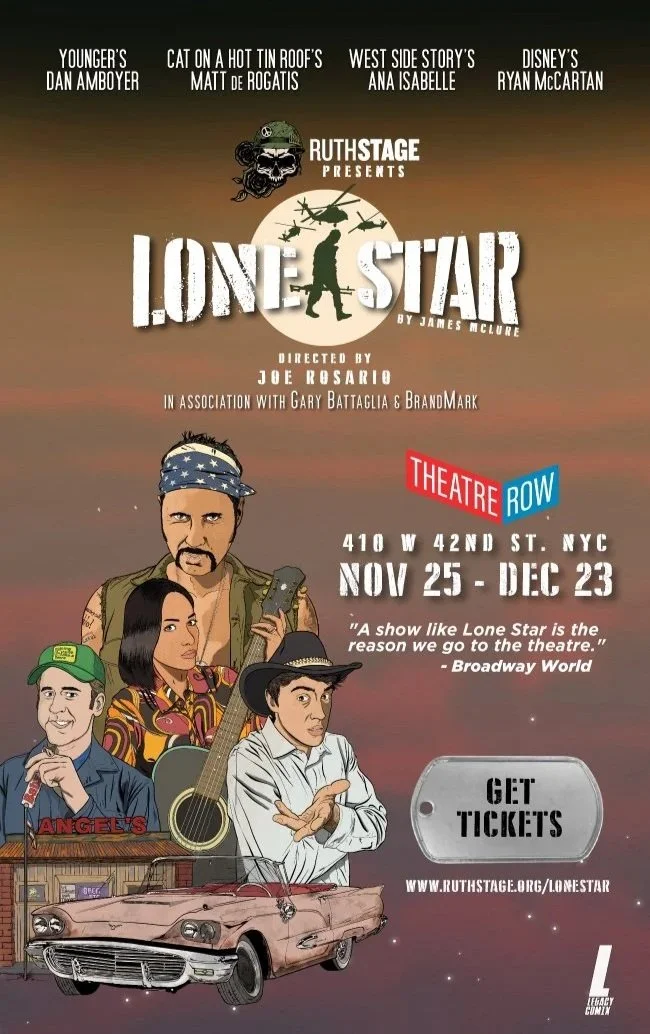 Poster for a stage production of 'Lone Star' with characters depicted in cartoon style, featuring a vintage pink car, a guitar, and a background of a sunset sky. Contains show details and ticket information.