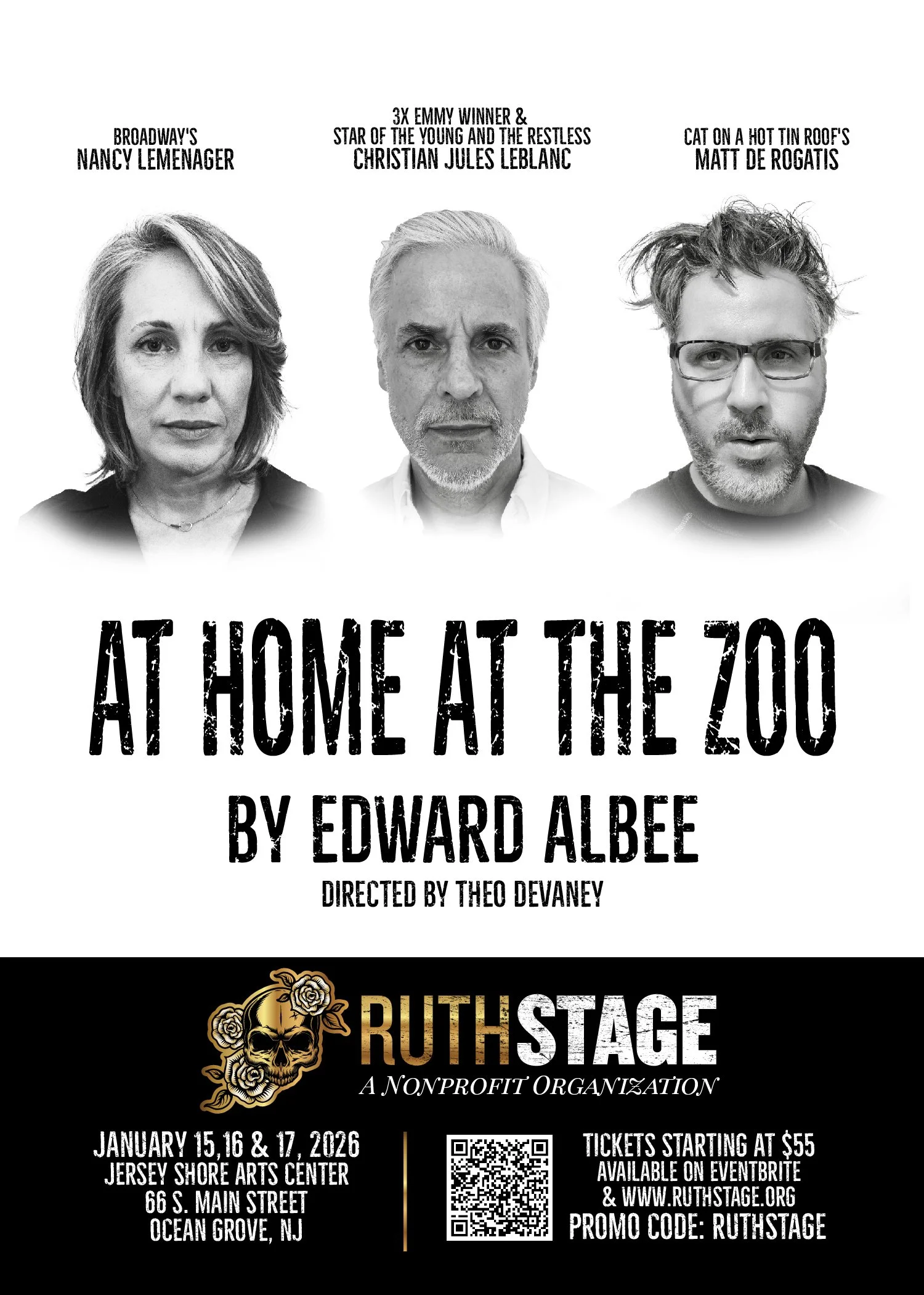Poster for a play titled "At Home at the Zoo" by Edward Albee, directed by Theo DeVane, with images of three actors and their roles: Nancy Lemenager as Broadway's Nancy Lemenager, Christian Jules LeBlanc as 3X Emmy winner & Star of The Young and The Restless, Matt De Rogatis as Cat on a Hot Tin Roof's. Shows performance dates January 15-17, 2026, at Jersey Shore Arts Center in Ocean Grove, NJ, with ticket info and a QR code.