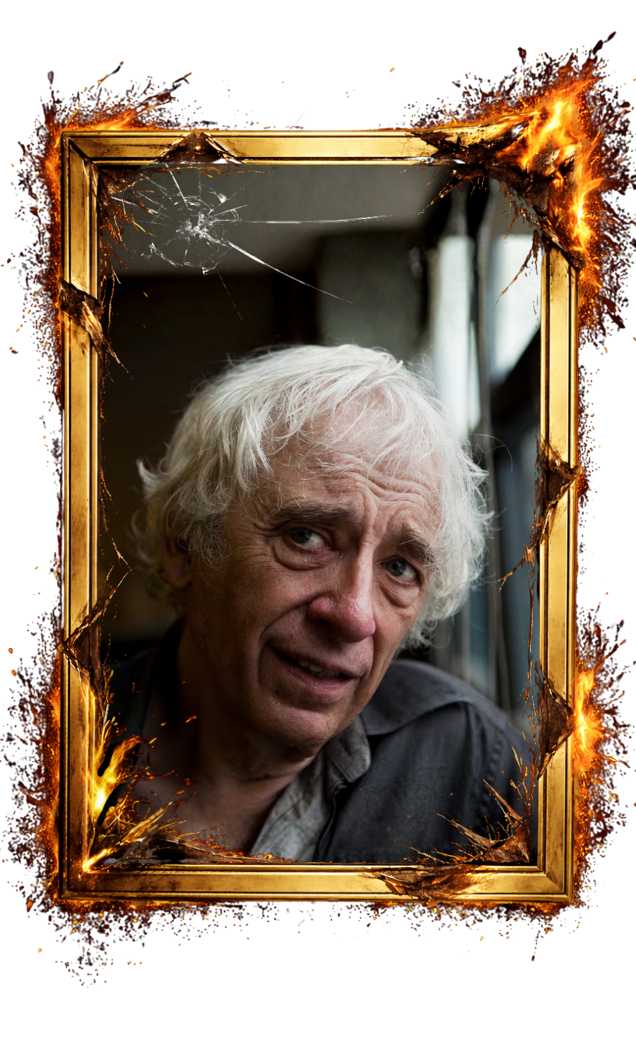 A man with white hair, looking distressed, is shown in a broken and burning picture frame.