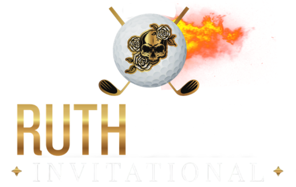 A logo with a flaming golf ball character with skull and roses design, holding a golf club, and the words 'RUTH INTERNATIONAL' beneath it.