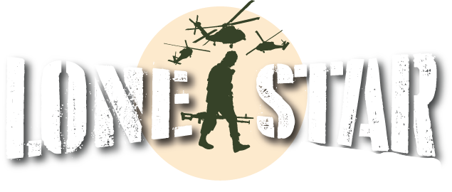 Silhouette of a soldier walking in front of a large television or computer screen, with helicopters flying above, and the words 'LONE STAR' displayed across the screen.