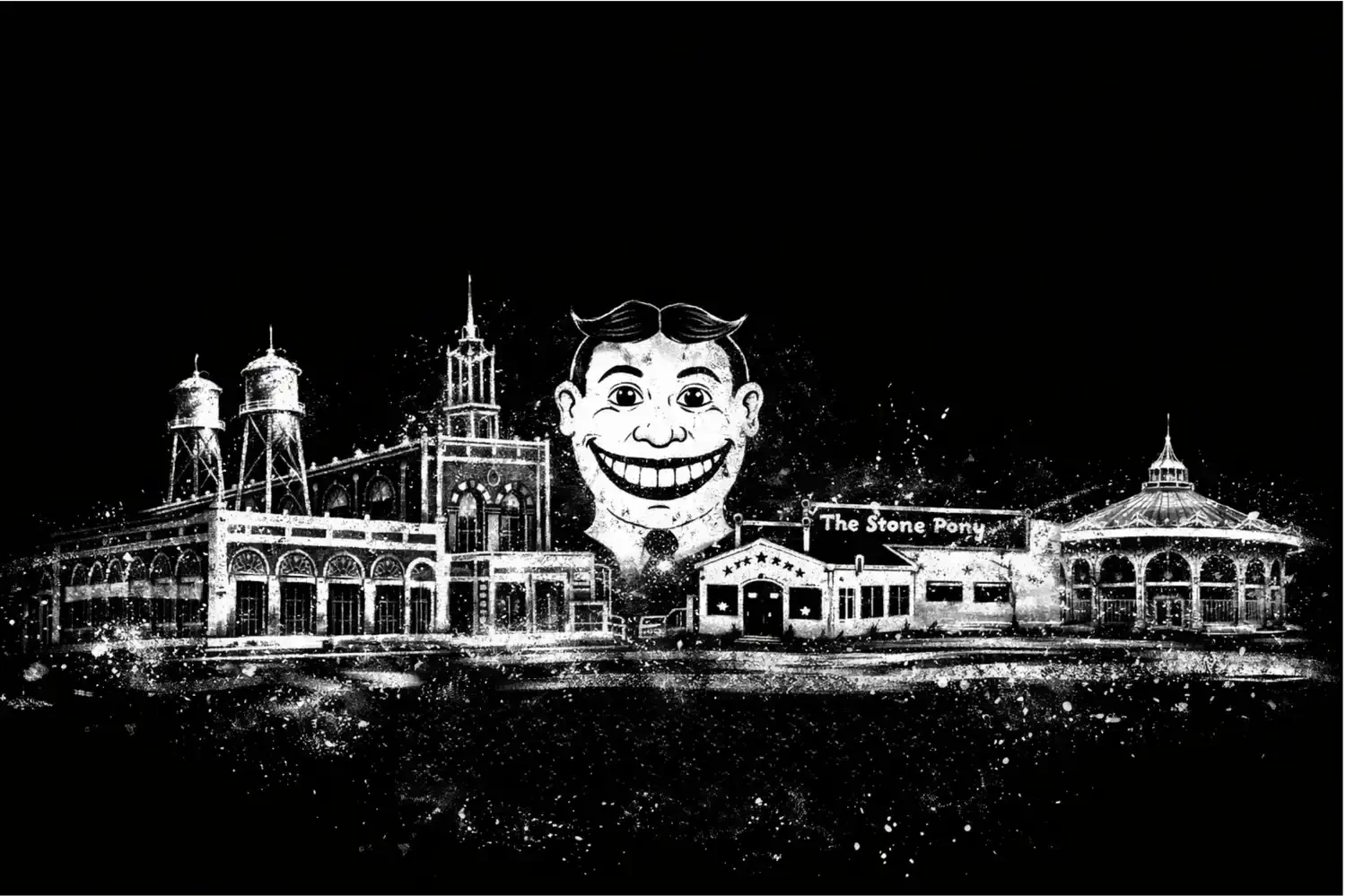 Black and white illustration of an amusement park with a large cartoon smiling face at the center, surrounded by historic-style buildings, water towers, and a carousel pavilion, labeled 'The Stone Pony'.