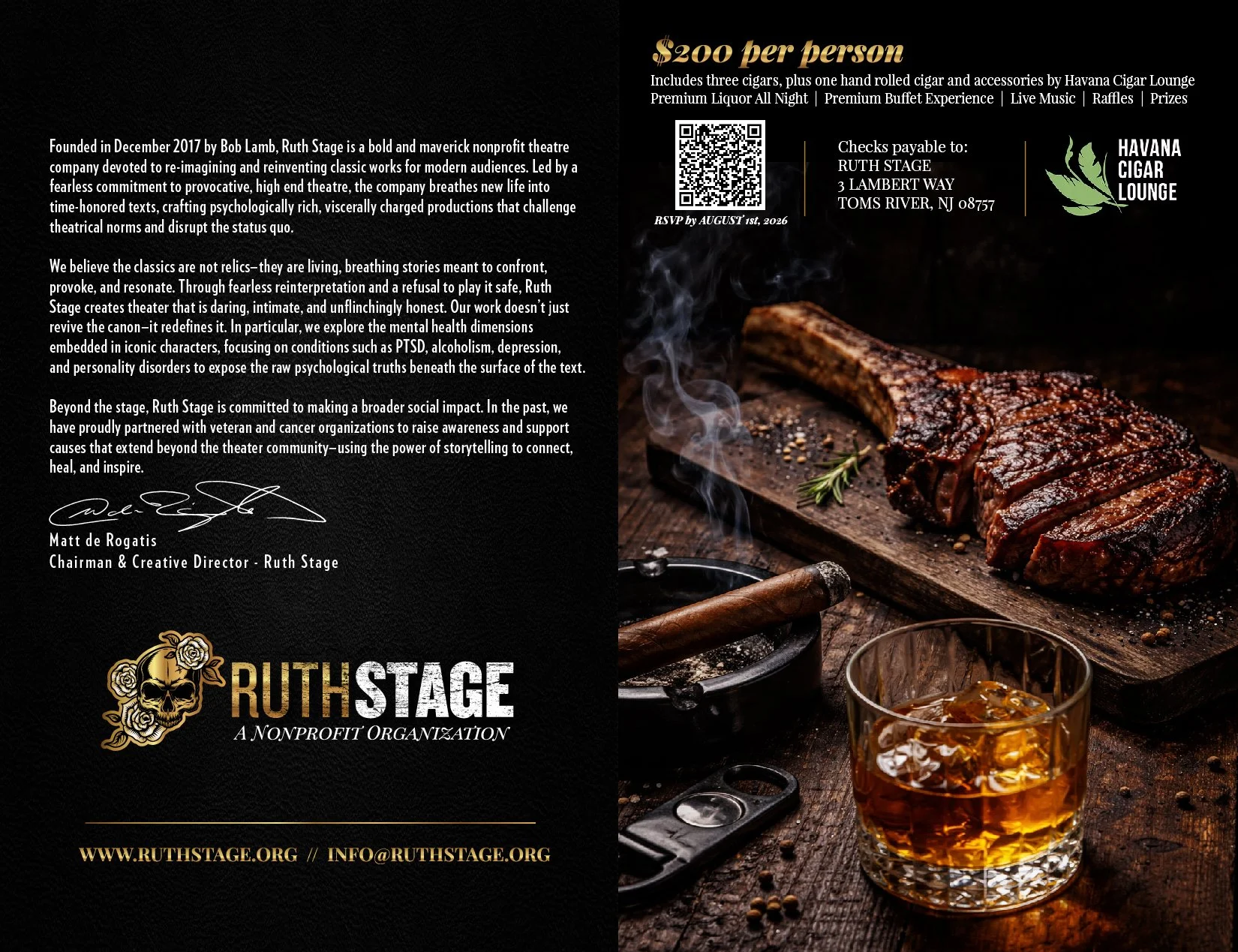 Event flyer promoting a Ruth Stage nonprofit event featuring cigars, a cigar, a glass of whiskey, and a grilled steak on a wooden board, with event details, donation information, and the Ruth Stage logo.