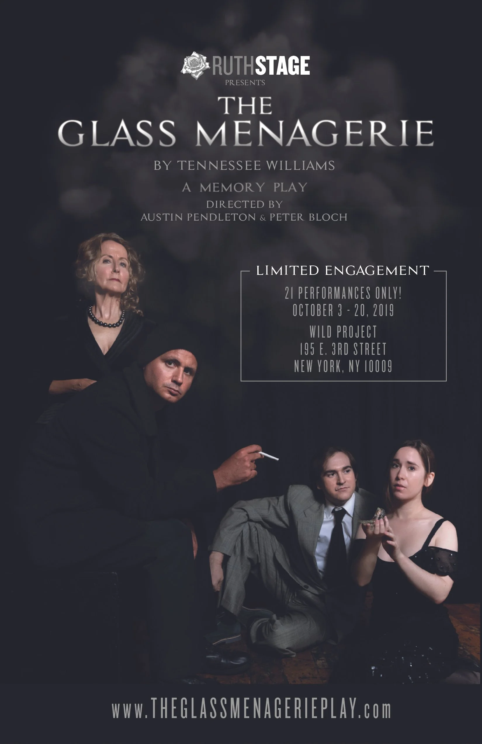 Poster for the play "The Glass Menagerie" by Tennessee Williams, presented by RuthStage, featuring four actors in costumes, with text providing details about the limited engagement from October 3-20, 2019, at Wild Project in New York City.