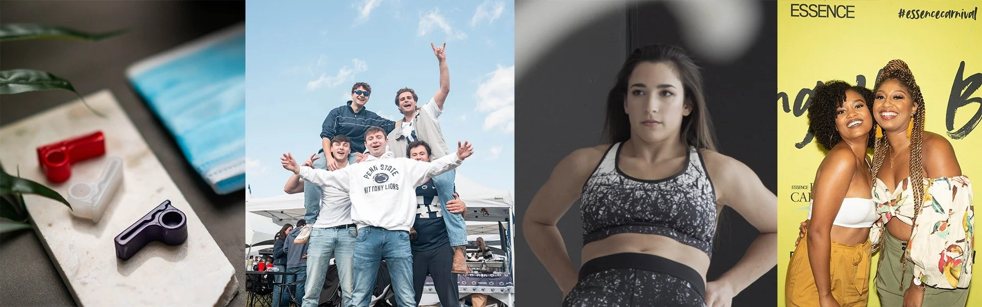 A collage of four photos: first shows colorful whistle-shaped plastic whistles on a surface with a plant; second depicts a group of young friends at an outdoor event, with some jumping and smiling; third is a portrait of a young woman with dark hair wearing a black and white patterned sports bra, standing against a dark background; fourth features two women smiling and embracing at an event with a yellow backdrop, wearing summer outfits.