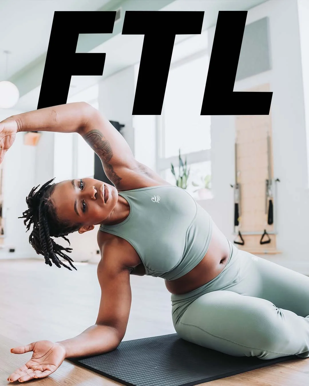 A woman with dreadlocks exercising on a yoga mat indoors, with the word 'FILL' in large black letters over the image.