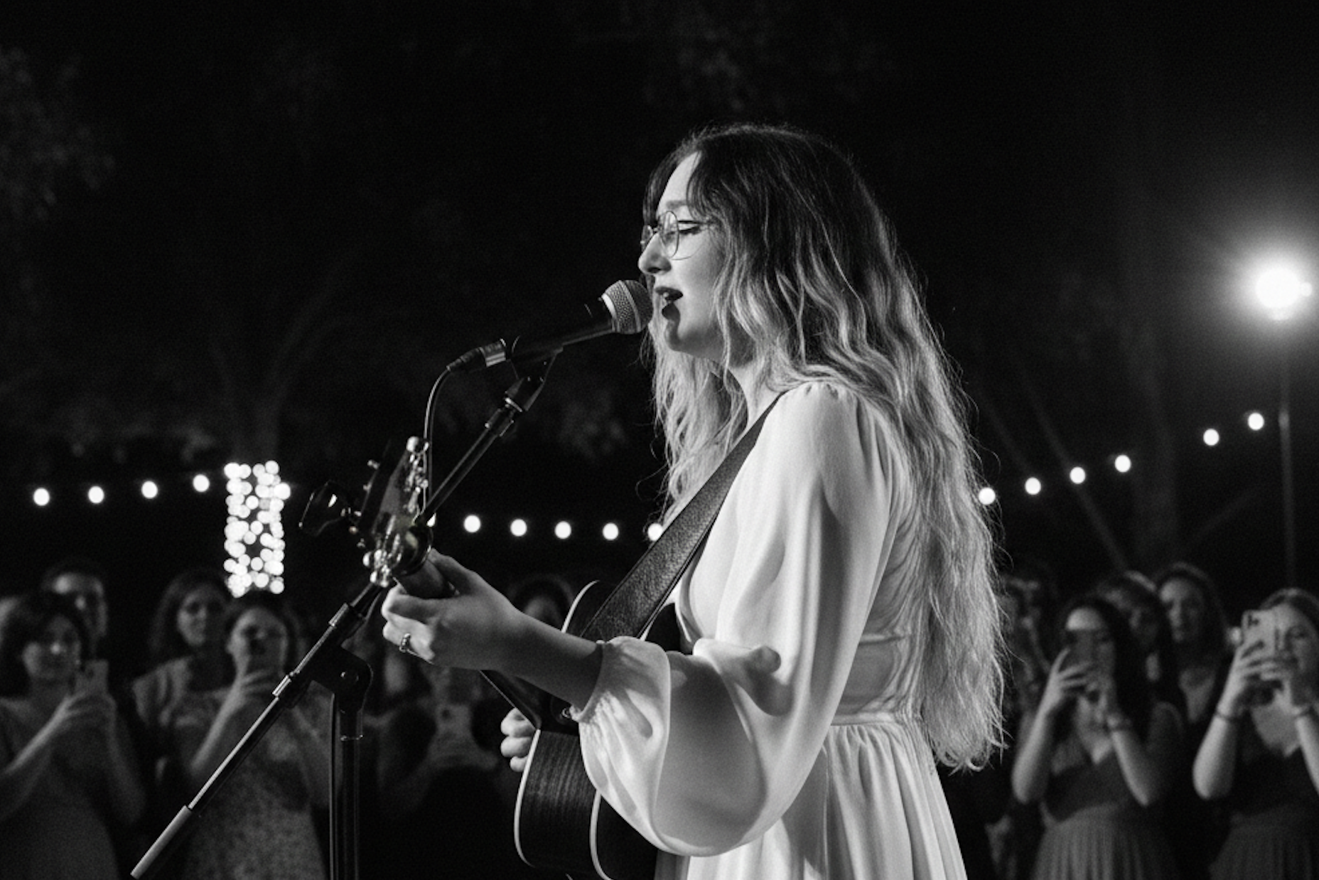 Live event musician Lizzie Astorga singing and playing acoustic guitar at an outdoor private party performance in Brownsville, Texas.