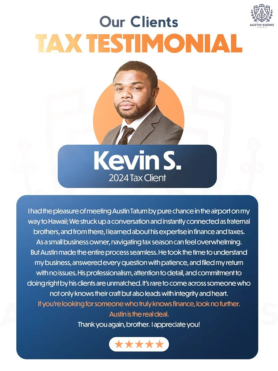 Testimonial for Kevin S., 2024 Tax Client, featuring a professional photo of a man in a suit, with text praising his financial and tax expertise, and a five-star rating.