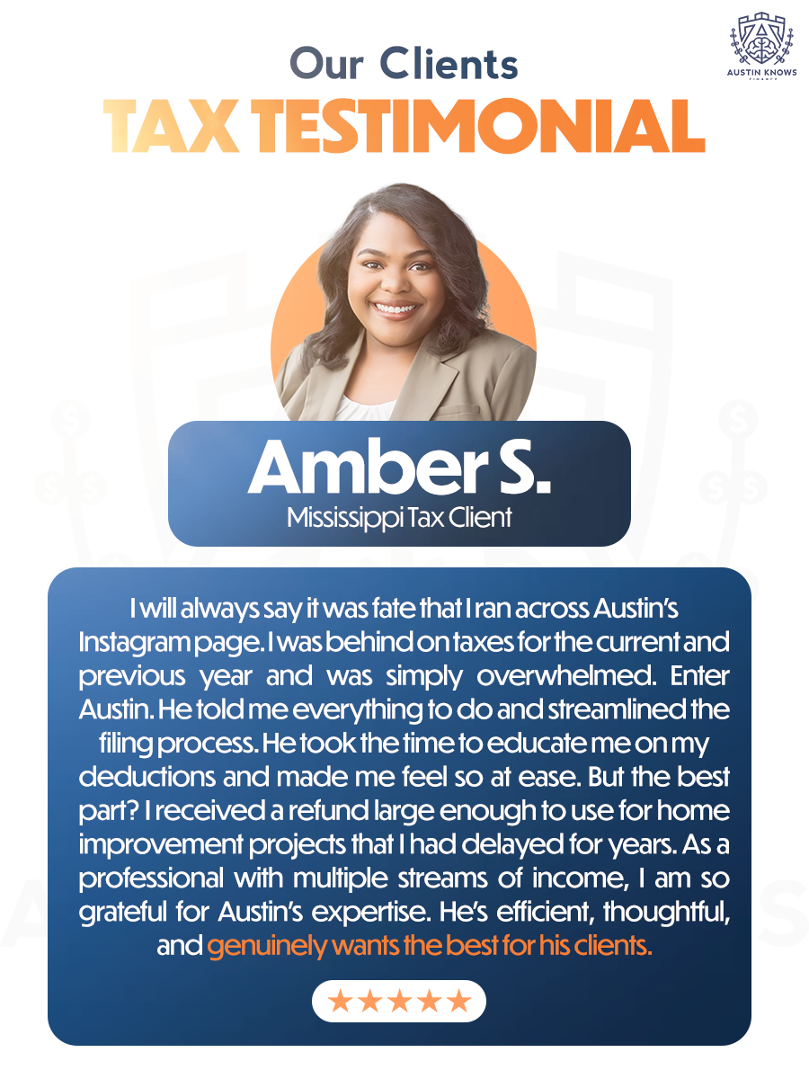 A testimonial poster featuring Amber S., a Mississippi tax client. The poster shows her smiling photo, a title that reads 'Our Clients TAX TESTIMONIAL', and a paragraph praising the tax professional in Austin. The bottom has a five-star rating.