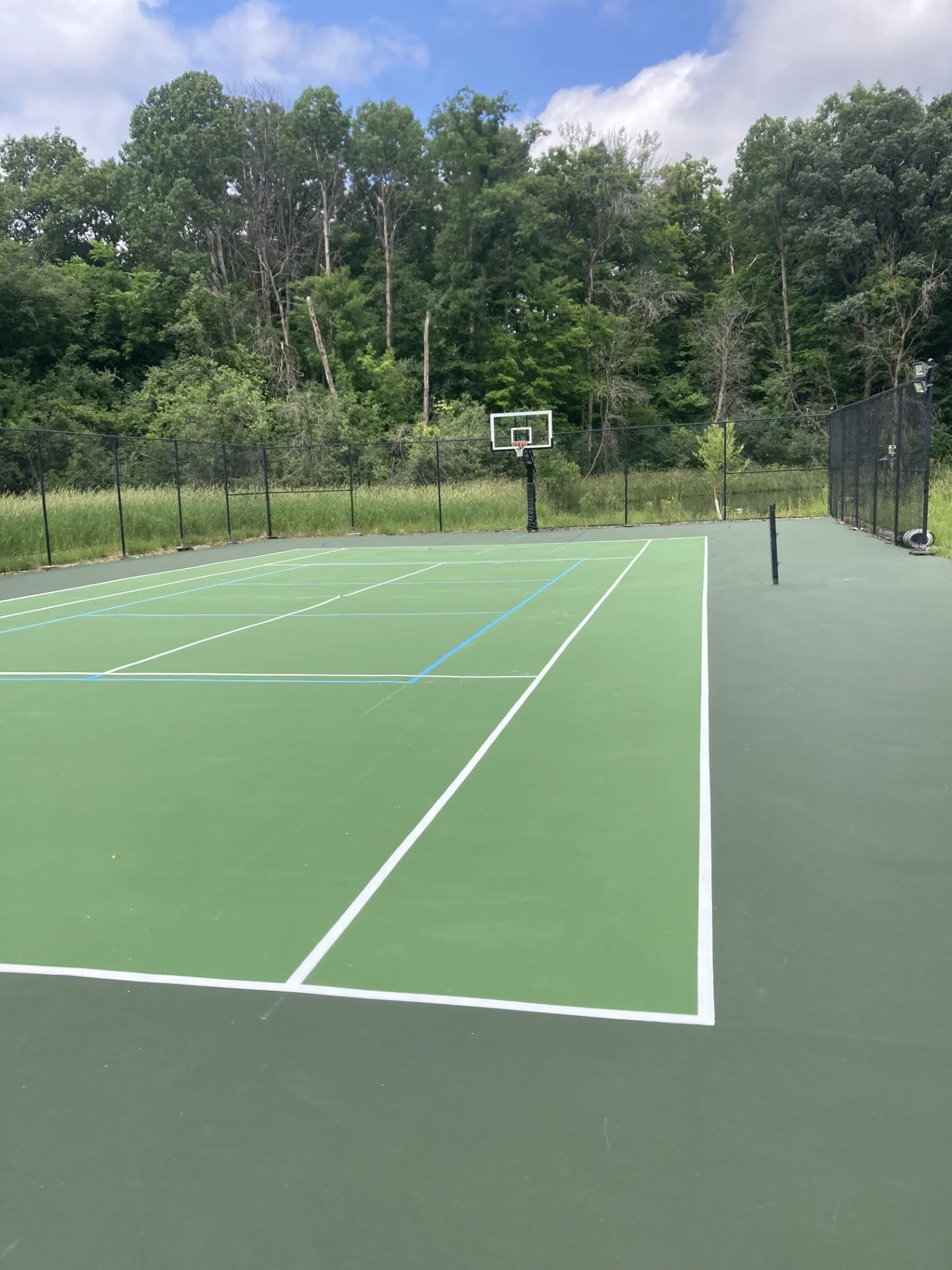 Empty outdoor basketball court with green surface, white and blue lines, surrounded by green trees and fence, under a partly cloudy sky.