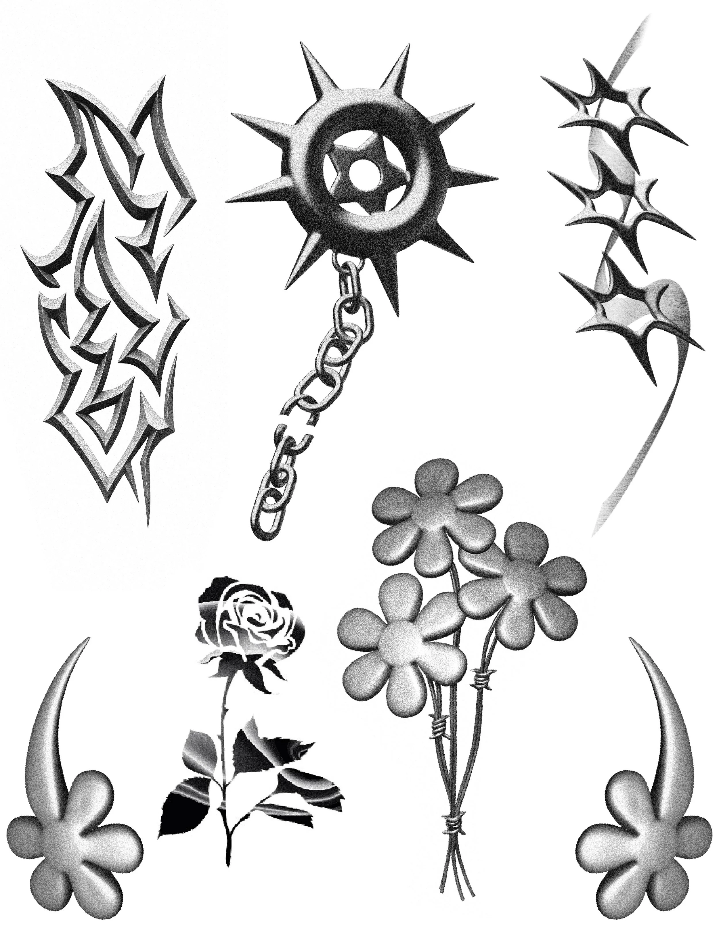 A collection of black and white graphic tattoos including a spiked chain, flowers, a rose, and abstract lightning designs.