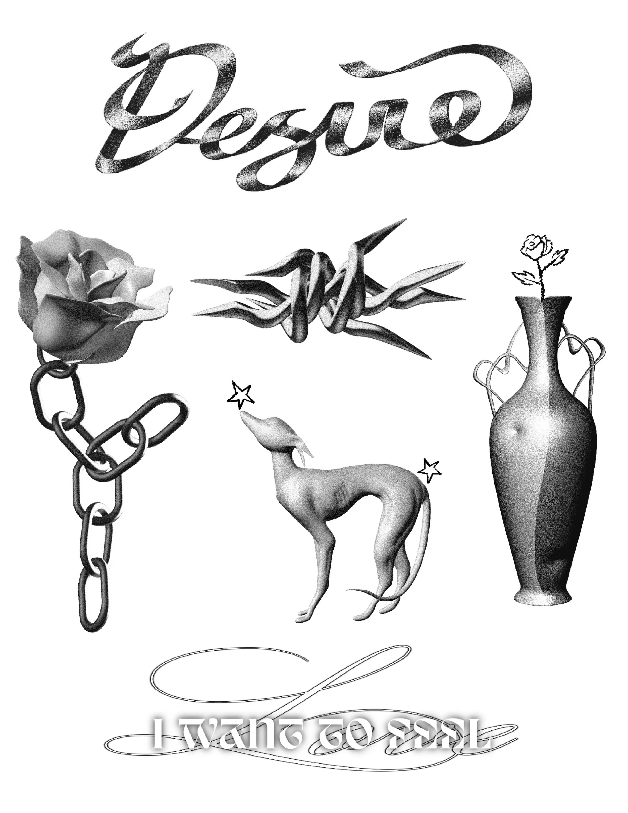 A collection of black and white graphic illustrations, including the word 'Design' at the top, a rose with a chain, an abstract shape, a cat with stars, a tall vase with a flower, and the phrase 'I love you' in cursive at the bottom.