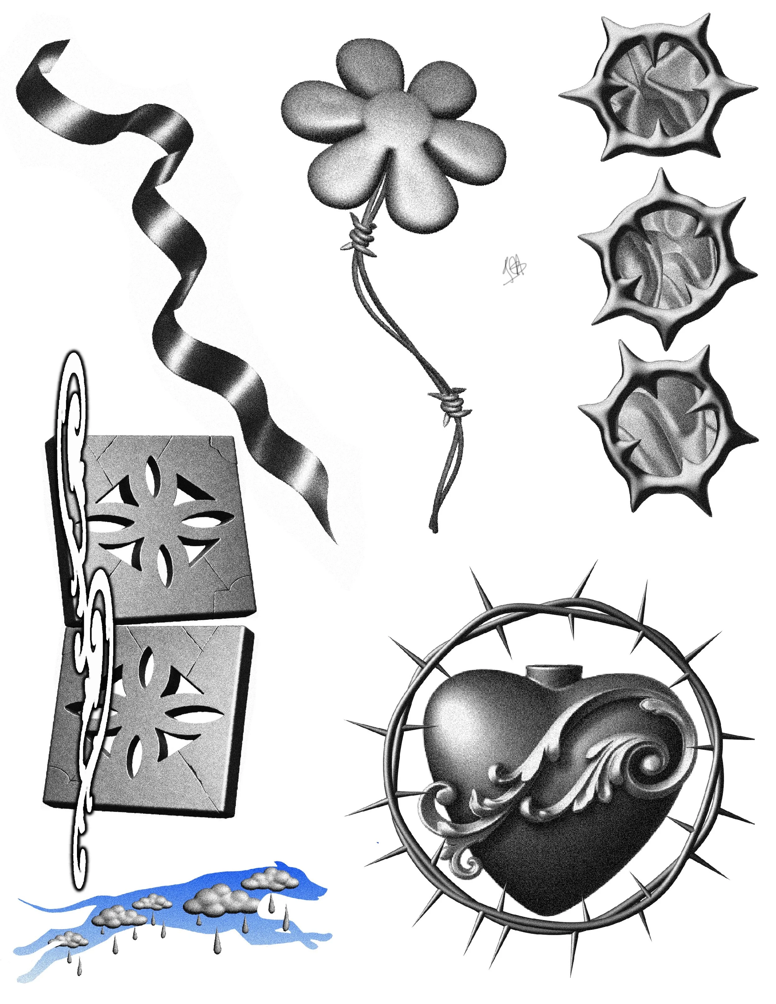 Black and white drawing of various decorative objects including a spiral ribbon, a flower shaped balloon, three spiked objects, decorative tiles, a heart with swirl design, and clouds with rain.