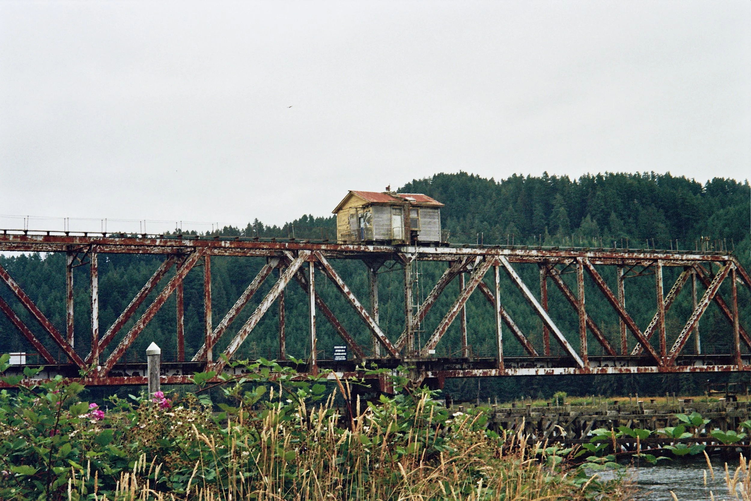 An old, rusted railway bridge with a small, weathered wooden house on top, surrounded by lush green trees.