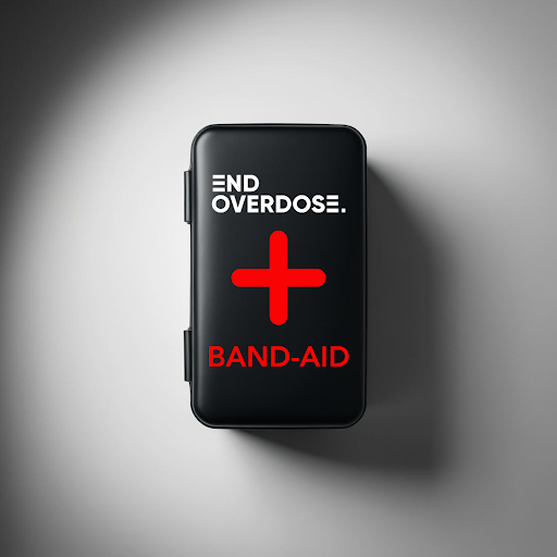 Smartphone case with the message 'END OVERDOSE' above a red cross and 'BAND-AID' written below in red