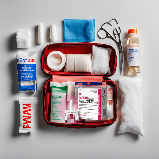 First aid kit containing medical supplies, including bandages, gauze, scissors, ointment, nasal spray, wipes, and cotton balls.