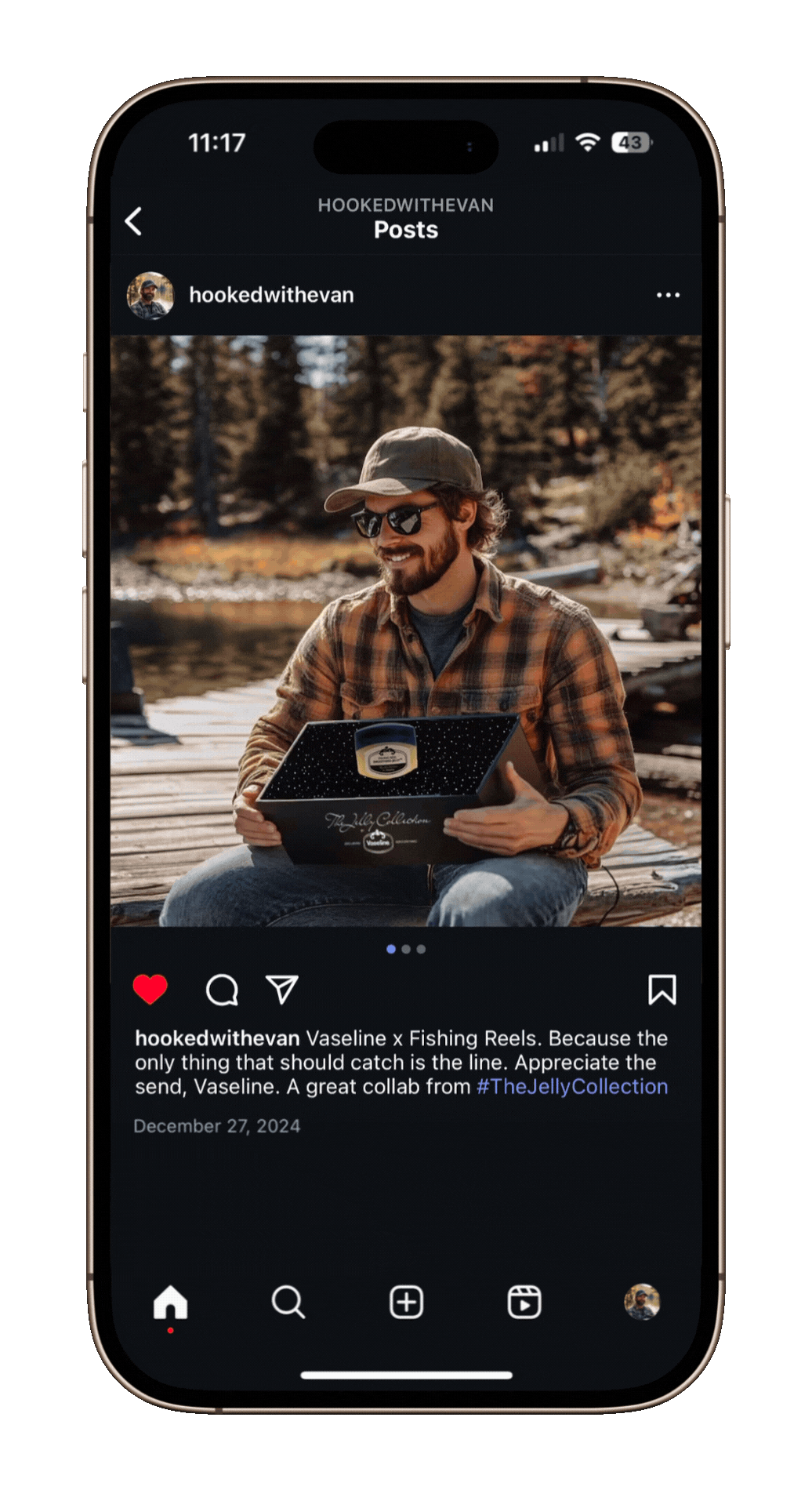 An iPhone displaying an Instagram post of a man outdoors by a lake, holding a Vaseline x Fishing Reels gift box, with a forest background. The caption promotes Vaseline and The Jelly Collection collaboration.