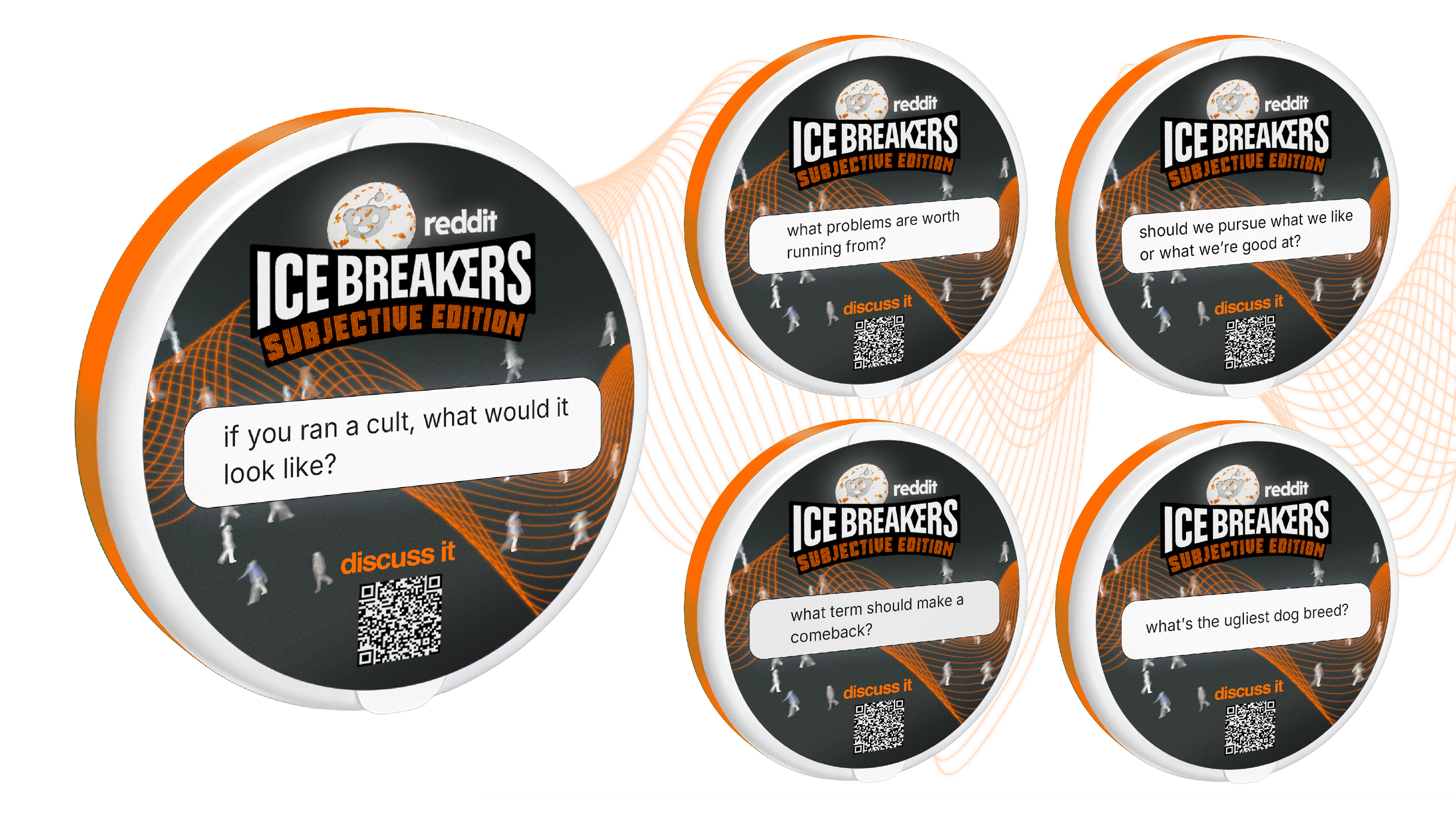 Collection of round discussion cards for Reddit's Ice Breakers game with text prompts such as 'if you ran a cult, what would it look like?', 'what problems are worth running from?', and 'what's the ugliest dog breed?'. The cards feature black, orange, and white design elements with small illustrations of people and a QR code.