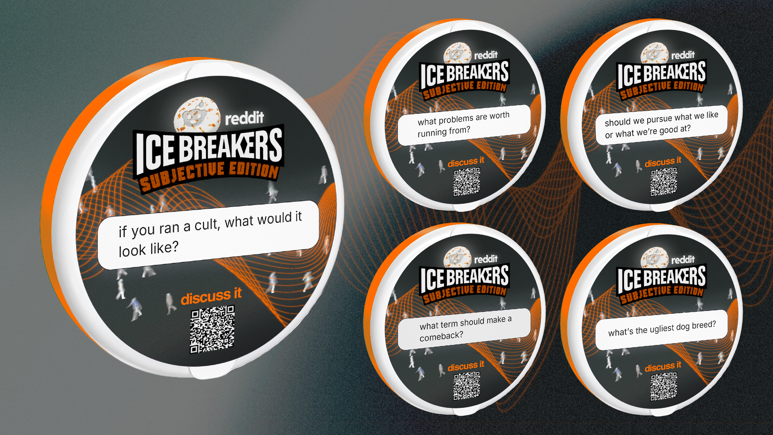 Multiple circular digital screens displaying Reddit's Ice Breakers Subjective Edition with various discussion prompts and QR codes, set against a dark background with orange and white geometric designs and small walking human icons.