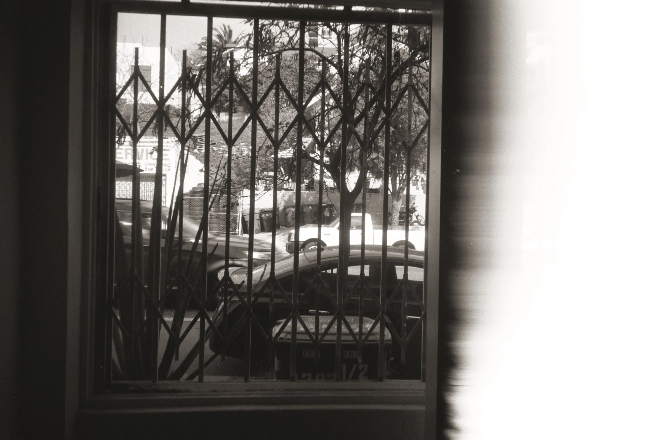 View through a window with metal security bars, showing parked cars, trees, and a building in the background, in black and white.