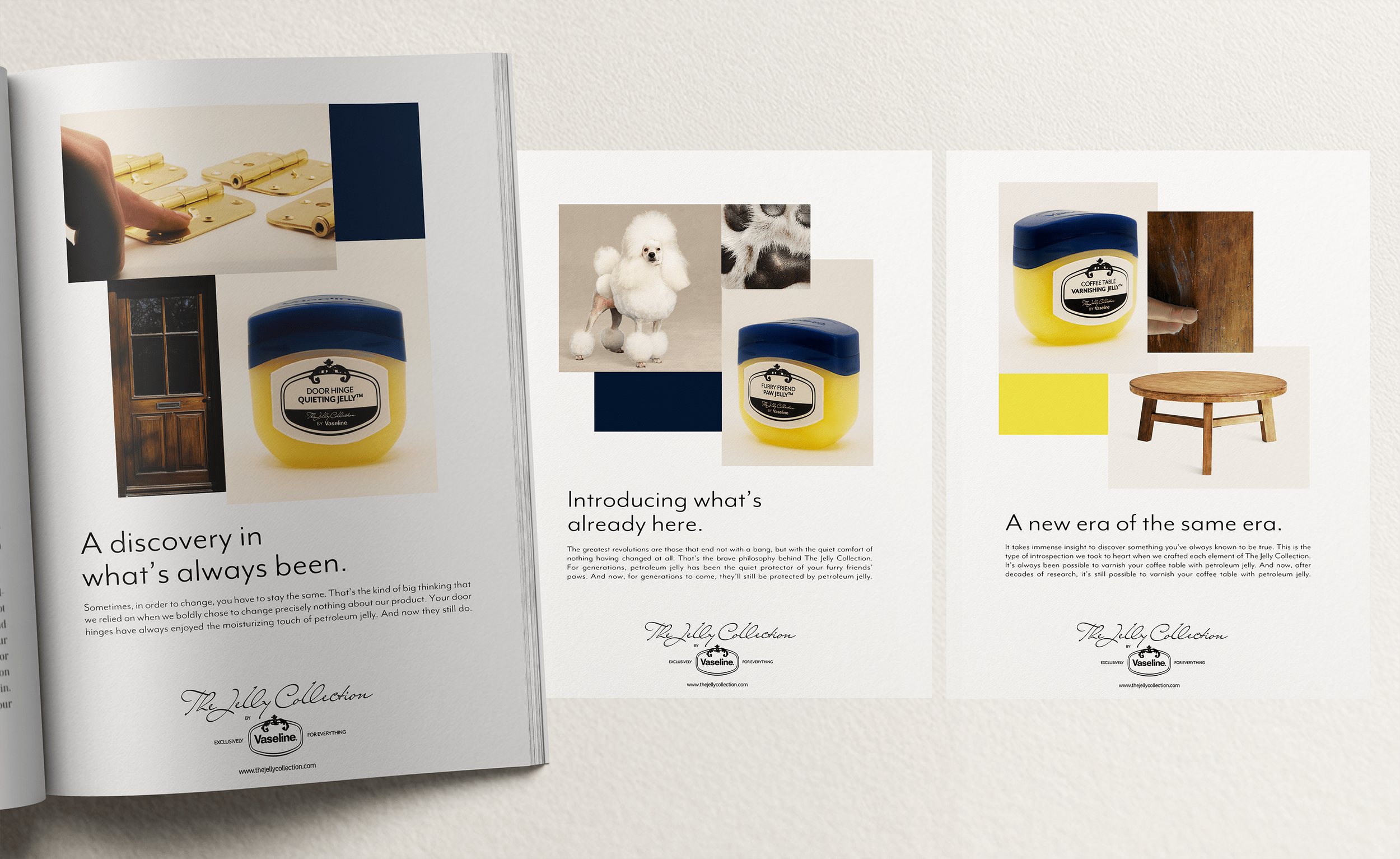 Open magazine spread with images of pet-themed products, including jars of petroleum jelly, a dog, a wooden door, and a small wooden stool, with text about a jelly collection by Vaseline.
