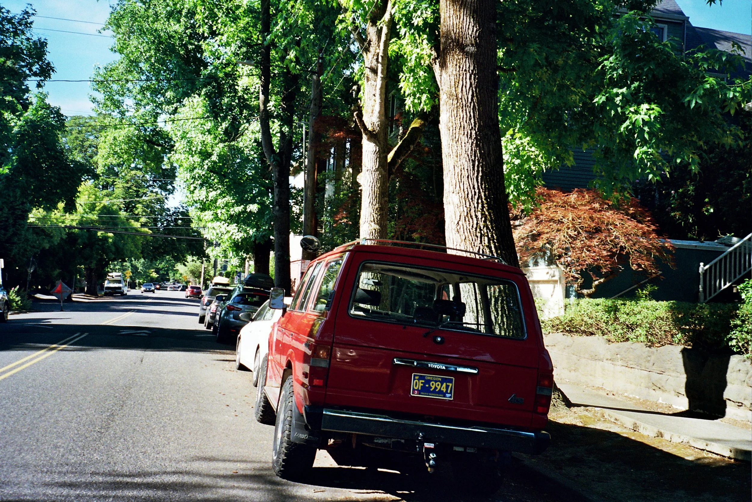 A suburban street lined with tall trees and parked cars, including a red Toyota truck with an Oregon license plate in the foreground, during daytime with clear blue skies.