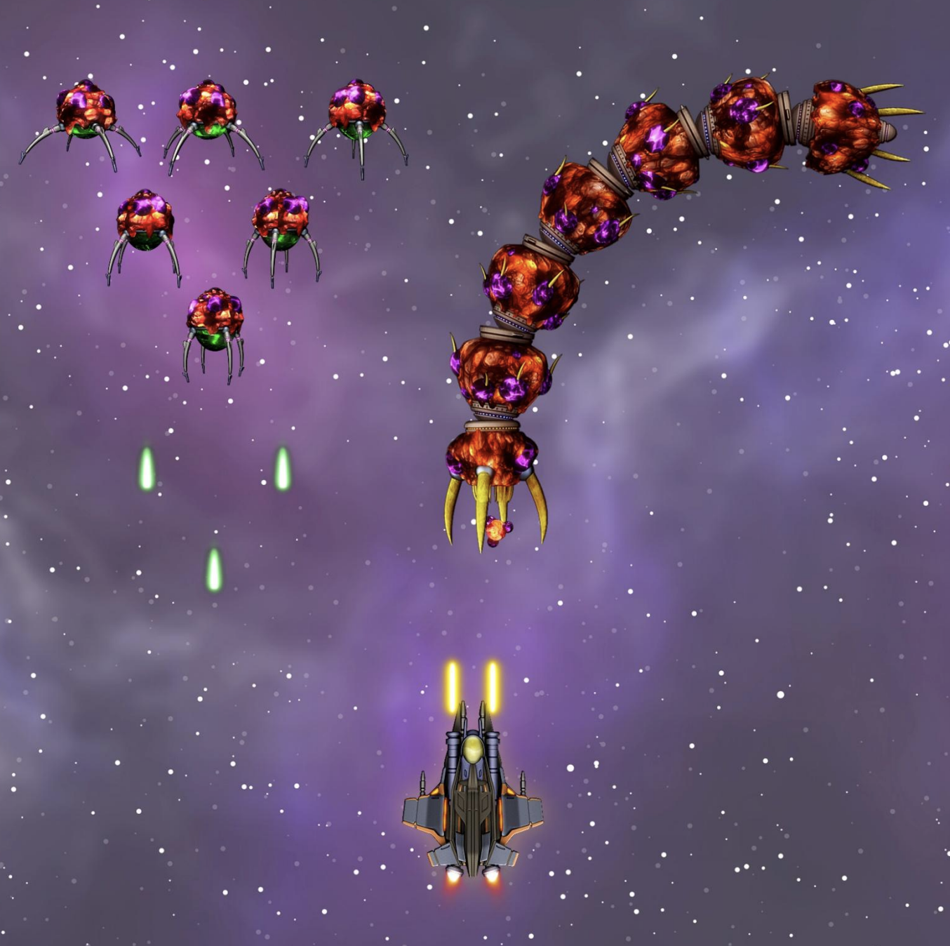 A space-themed video game scene showing a spaceship combat with alien enemies. The spaceship is at the bottom center shooting yellow laser beams upward. There are small green projectiles coming down from the left. The enemy groups include flying purple insect-like creatures on the top left and a large segmented, armored alien creature with claws and spikes on the top right, against a starry purple nebula background.
