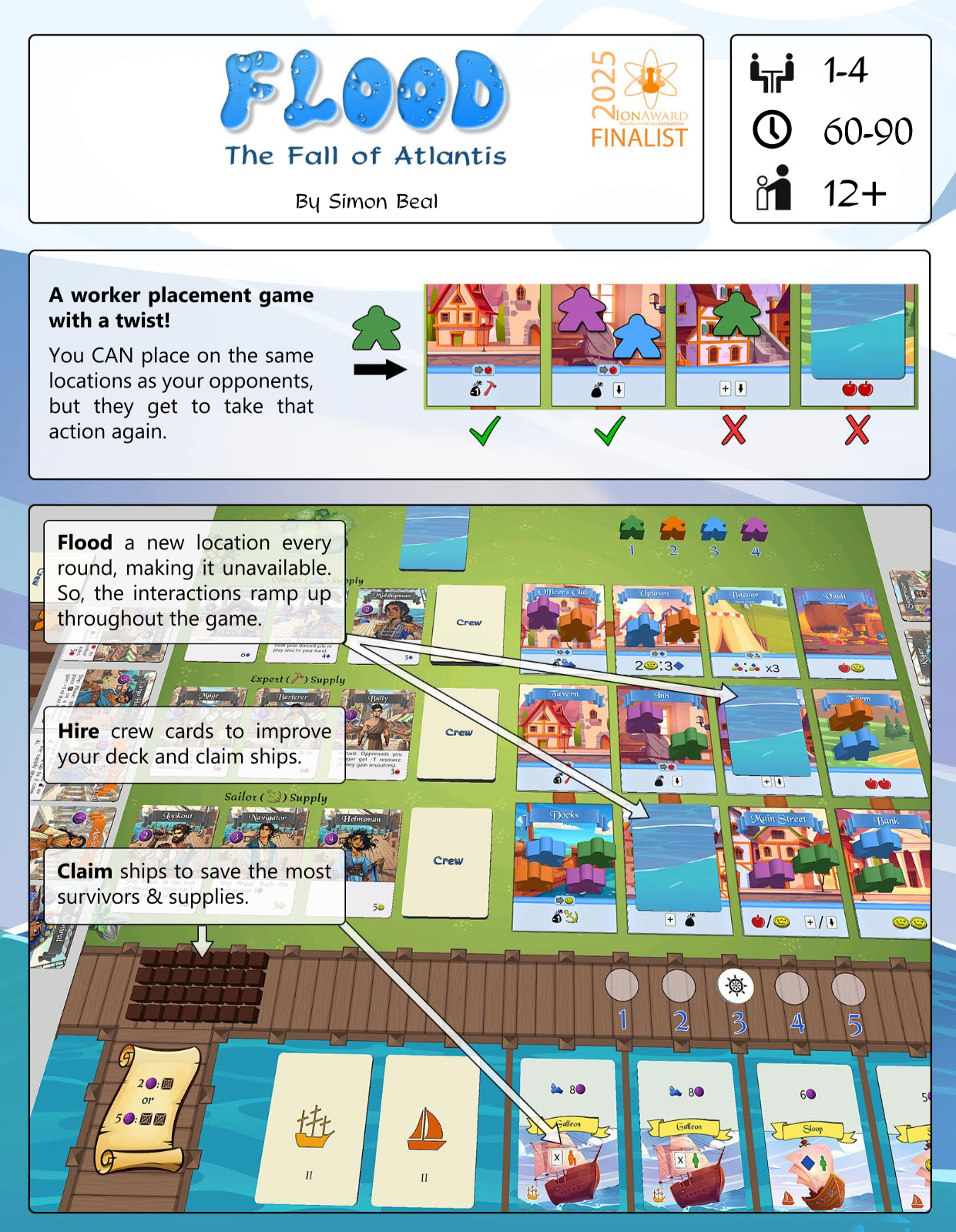 Board game setup for "Flood: The Fall of Atlantis" featuring game instructions, cards, and player areas with labels for flooding locations, hiring crew, and claiming ships.