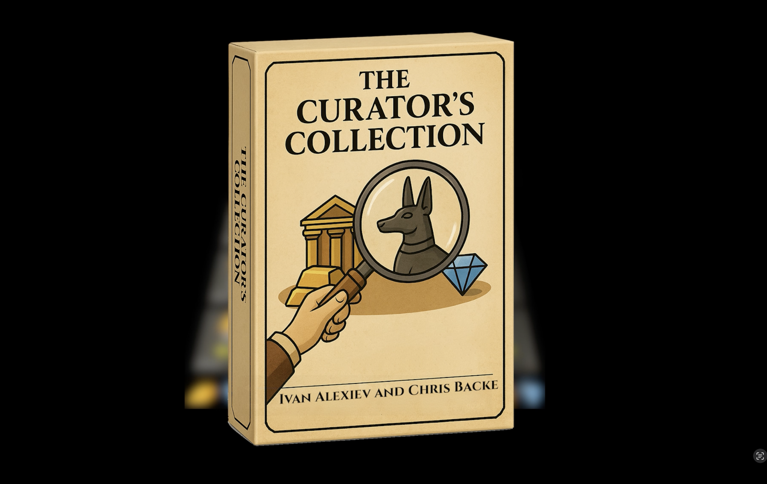 A beige book titled "The Curator's Collection" with a hand holding a magnifying glass focusing on a dog’s head, a building, and a blue diamond on the cover, authored by Ivan Alexiev and Chris Backe.