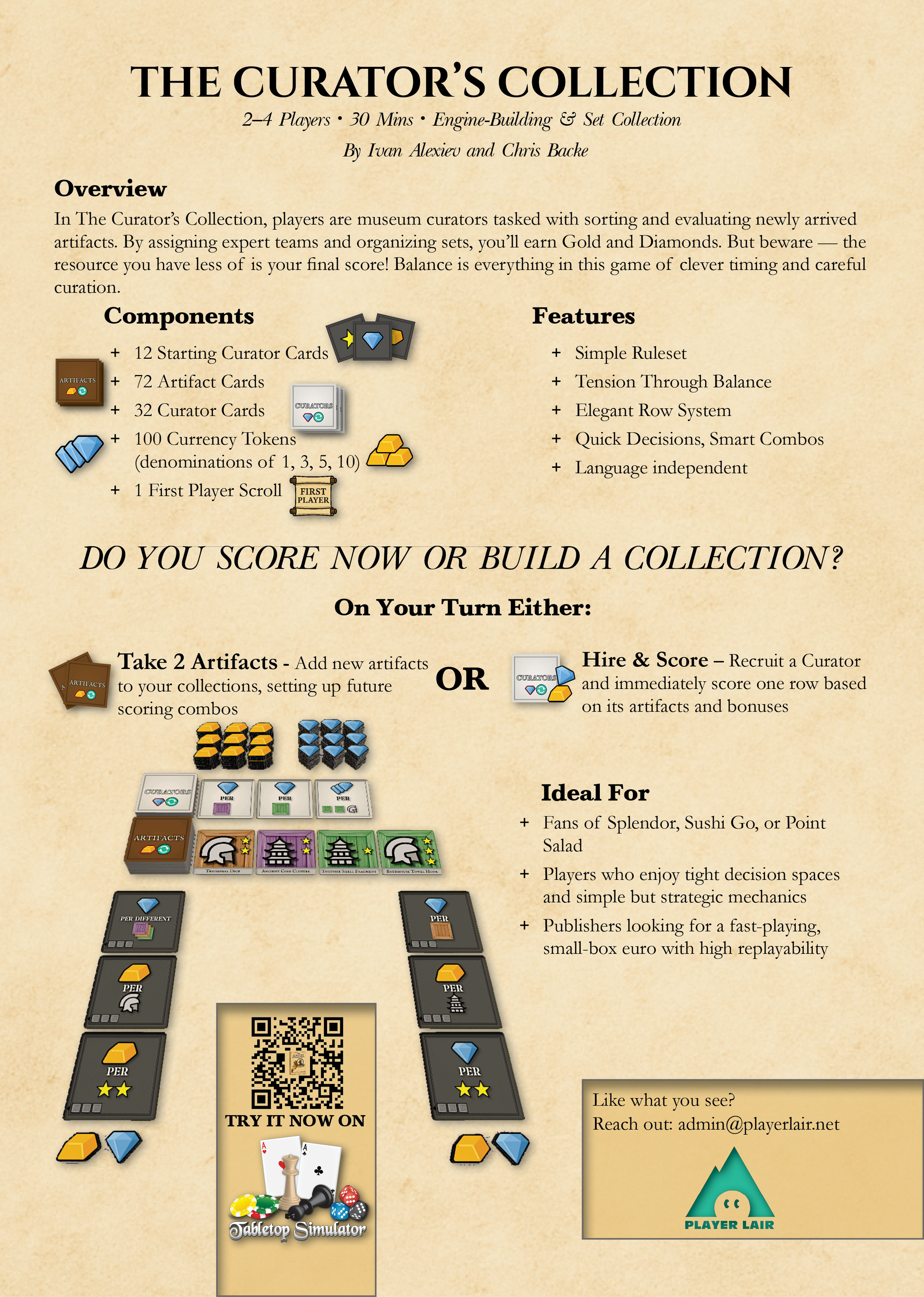 Poster for 'The Curator's Collection' tabletop game, featuring components like curator and artifact cards, currency tokens, and a first player scroll, with game features including simple ruleset and quick decisions, and instructions for scoring or building a collection.
