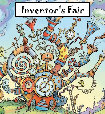 Colorful, whimsical illustration of a machine with multiple interconnected parts, gears, and clocks, labeled 'Inventor's Fair' at the top.
