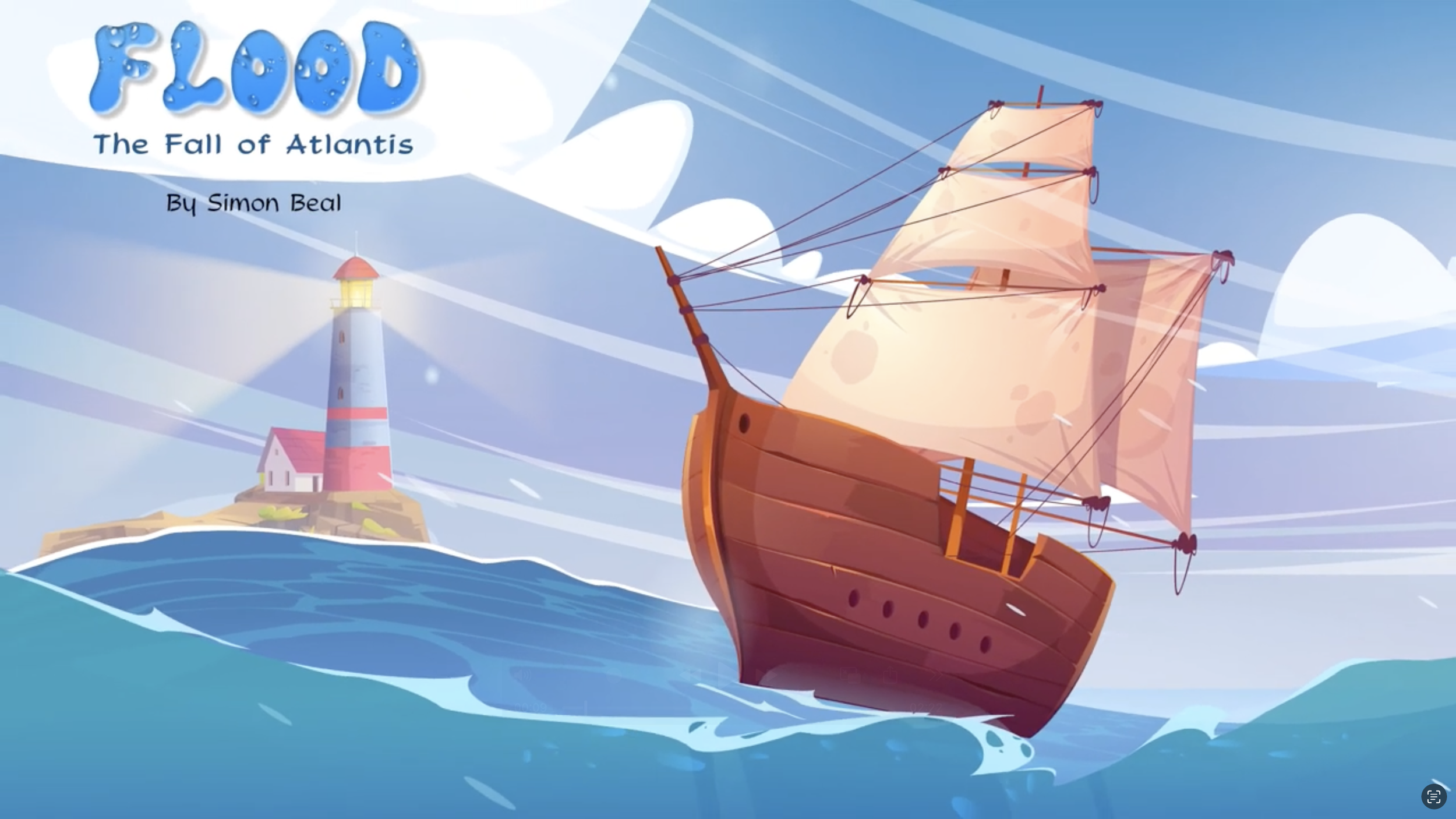 An animated illustration of a sailing ship with pink sails on the ocean, approaching a lighthouse with a red roof on a small rocky island in the distance. The sky is mostly cloudy with some sun rays.